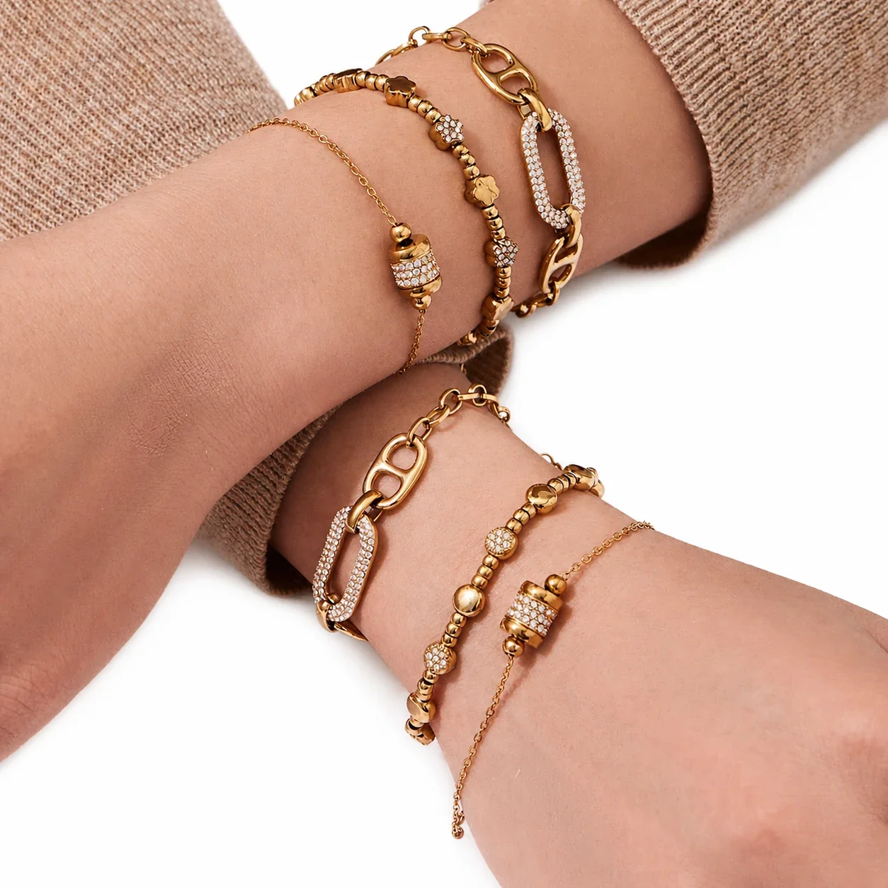 Gold-Plated Stainless Steel Clover CZ Bead Bracelet