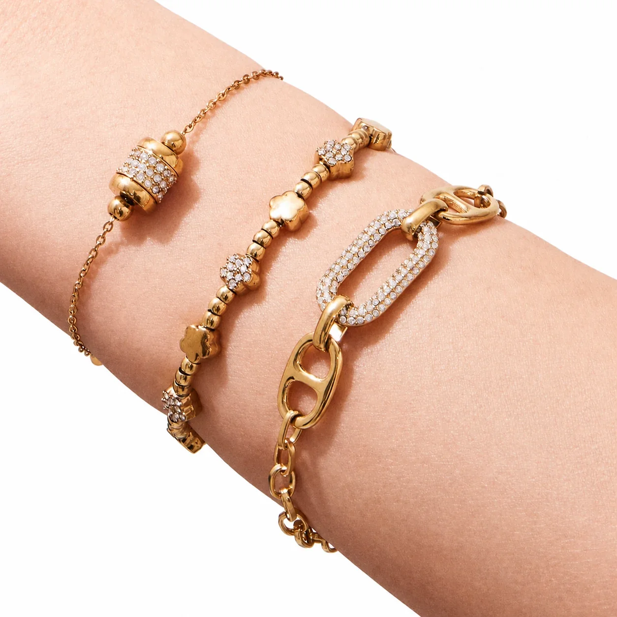Gold-Plated Stainless Steel Clover CZ Bead Bracelet