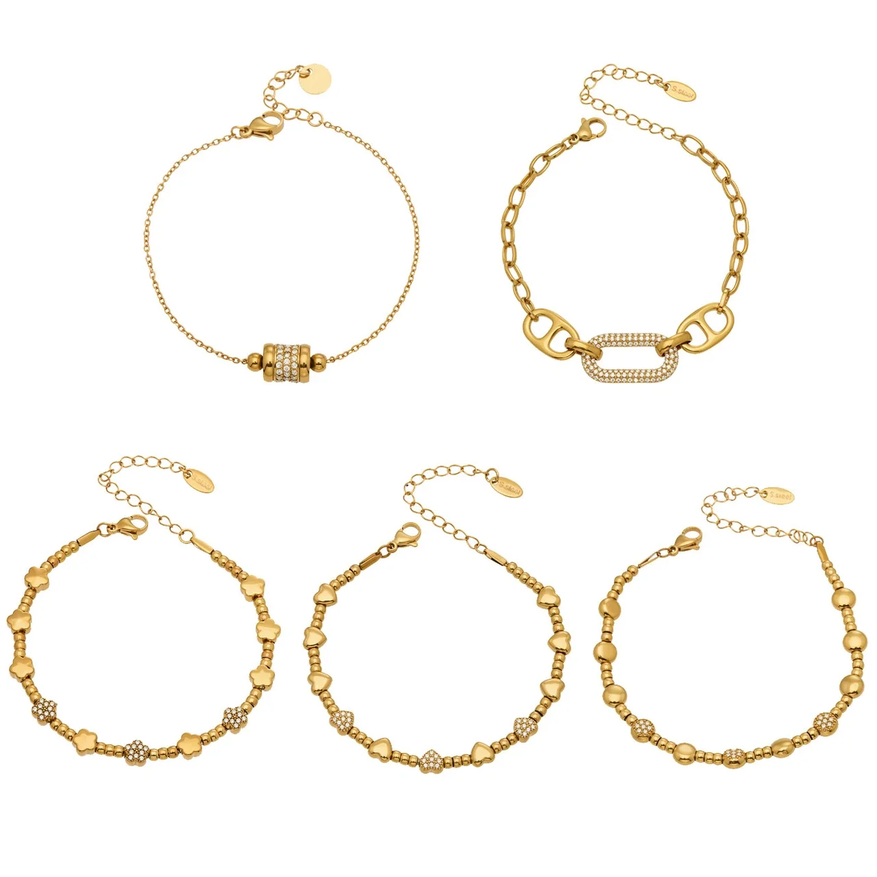 Gold-Plated Stainless Steel Clover CZ Bead Bracelet
