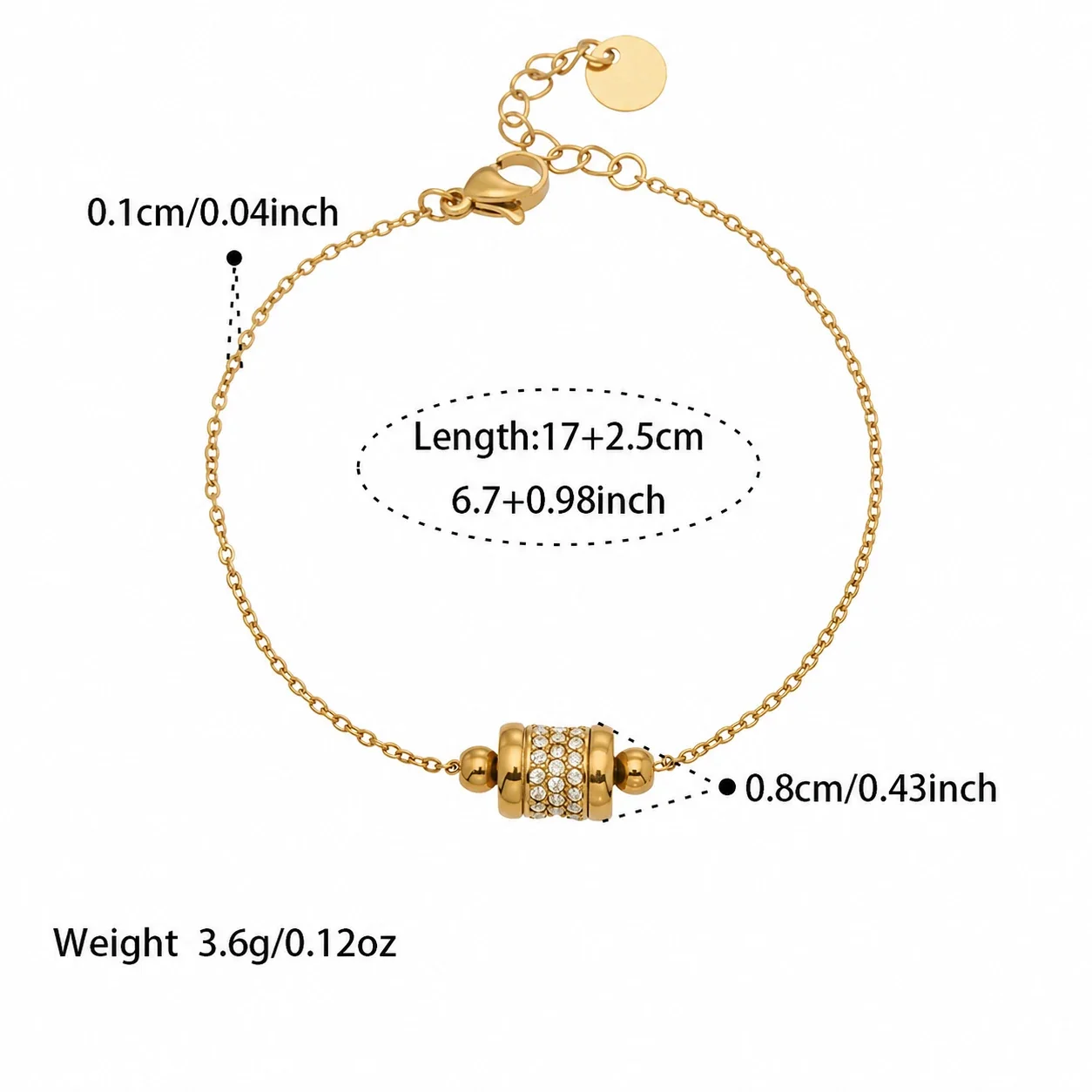 Gold-Plated Stainless Steel Clover CZ Bead Bracelet - Gold Barrel + cm