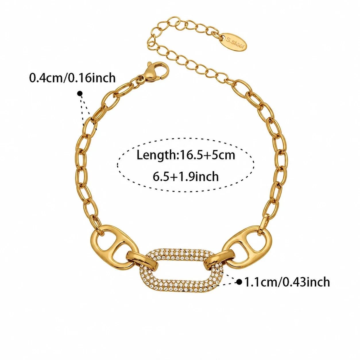 Gold-Plated Stainless Steel Clover CZ Bead Bracelet - Gold Paperclip . + cm