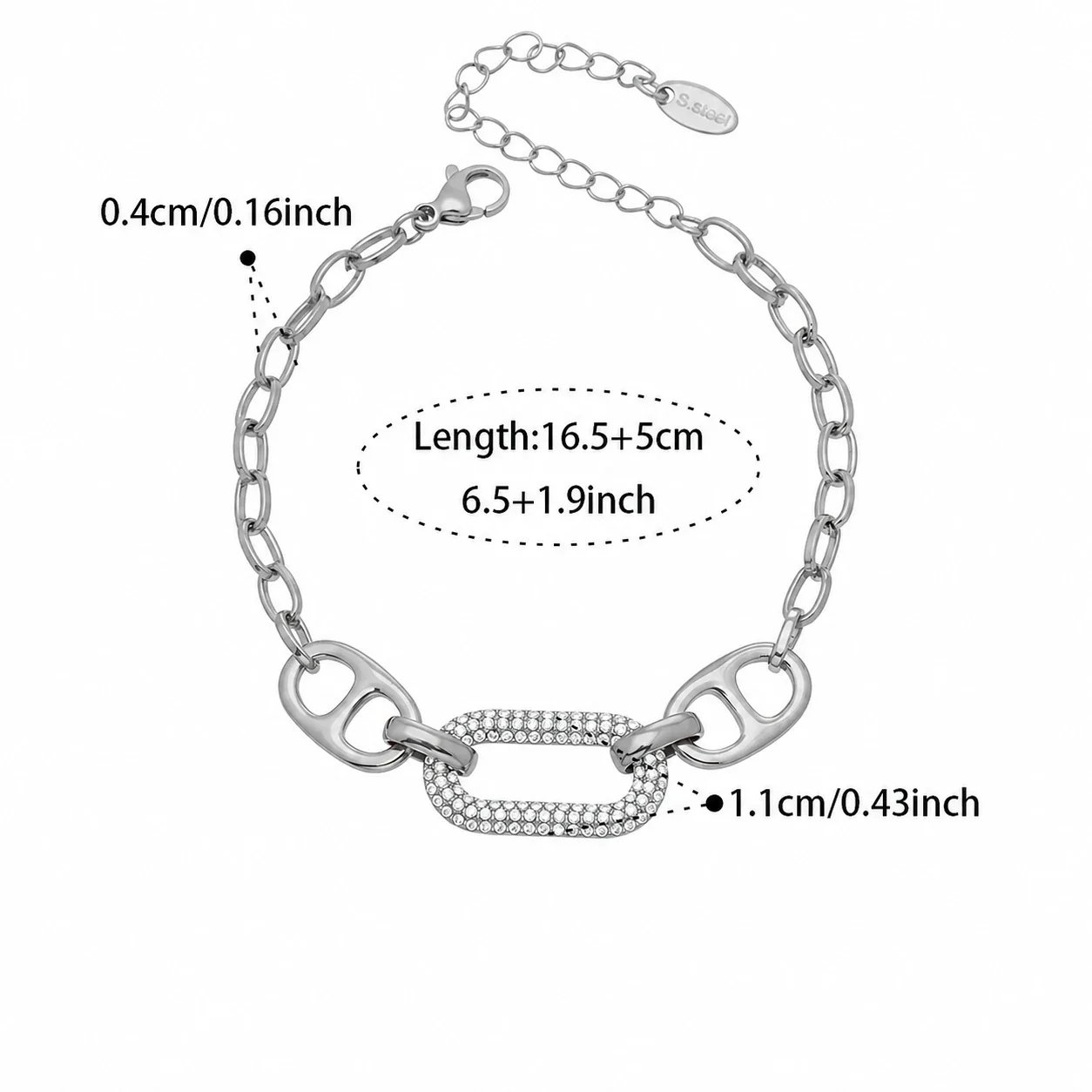 Gold-Plated Stainless Steel Clover CZ Bead Bracelet - Silver Paperclip . + cm