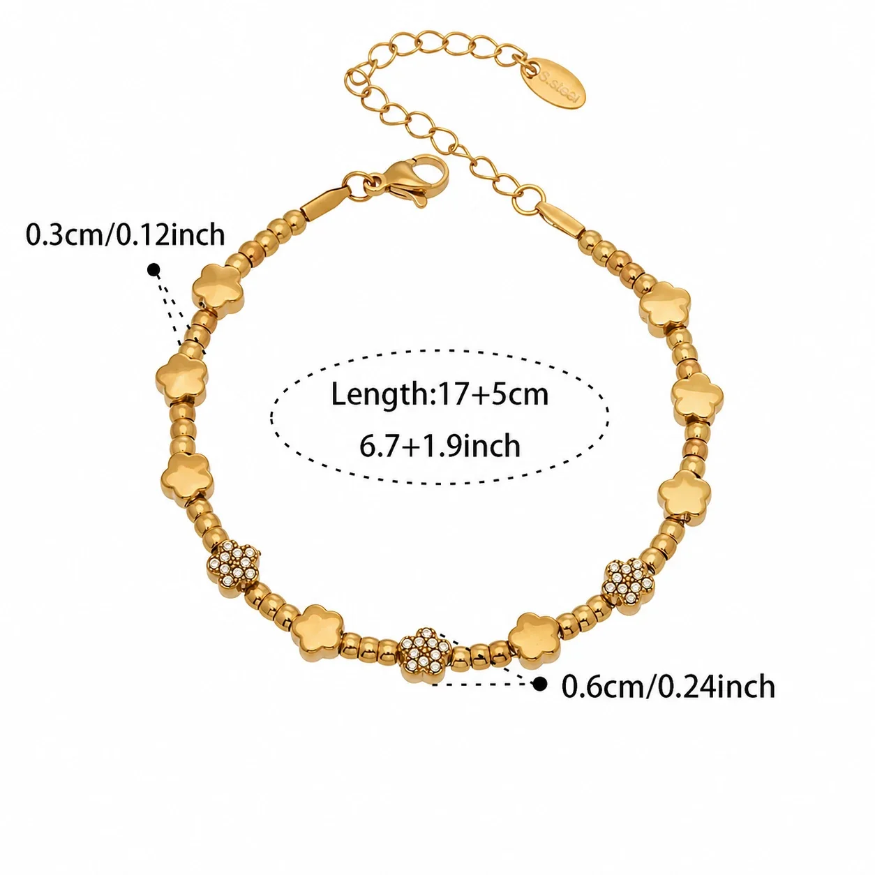 Gold-Plated Stainless Steel Clover CZ Bead Bracelet - Gold Clover Bead + cm