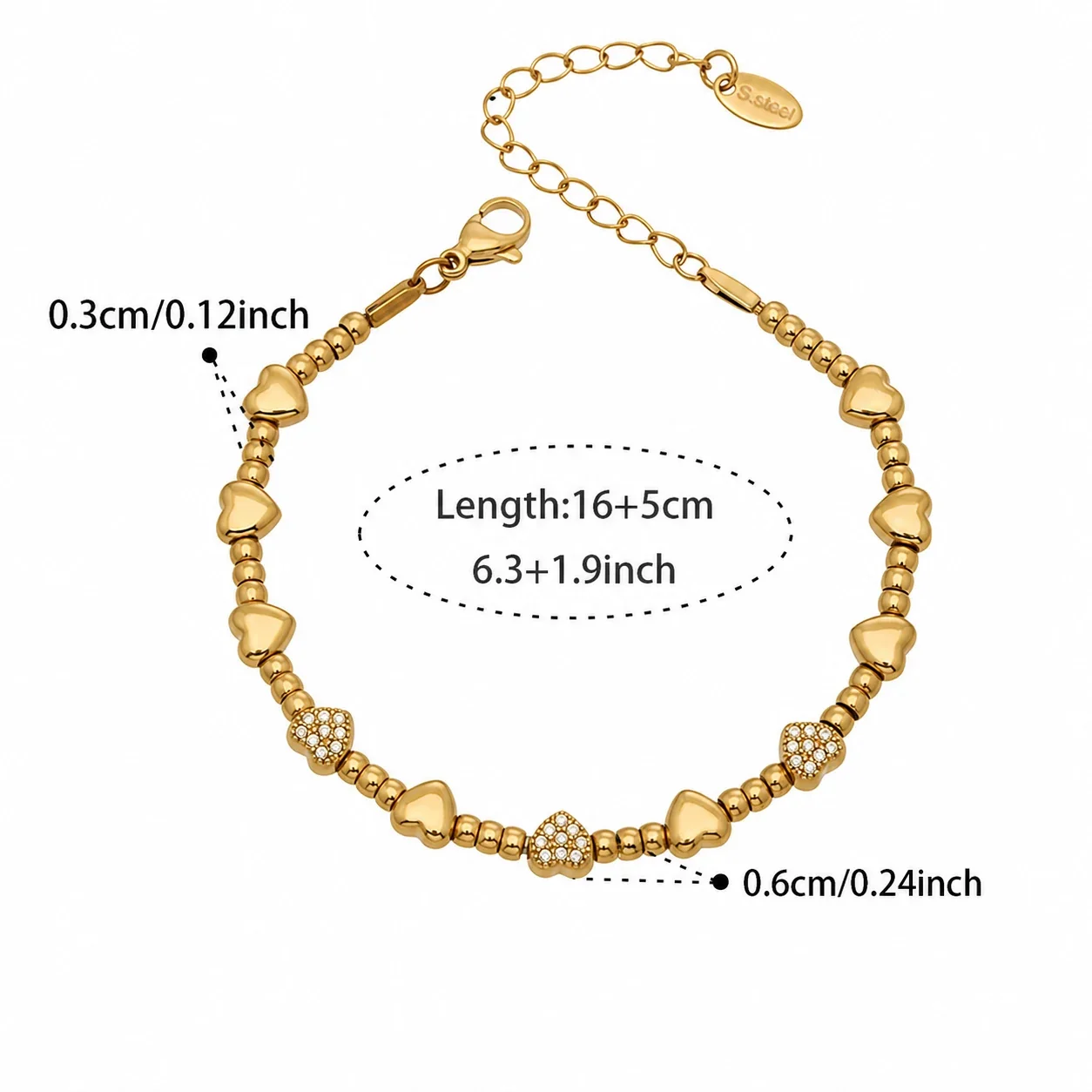 Gold-Plated Stainless Steel Clover CZ Bead Bracelet - Gold Heart Bead + cm