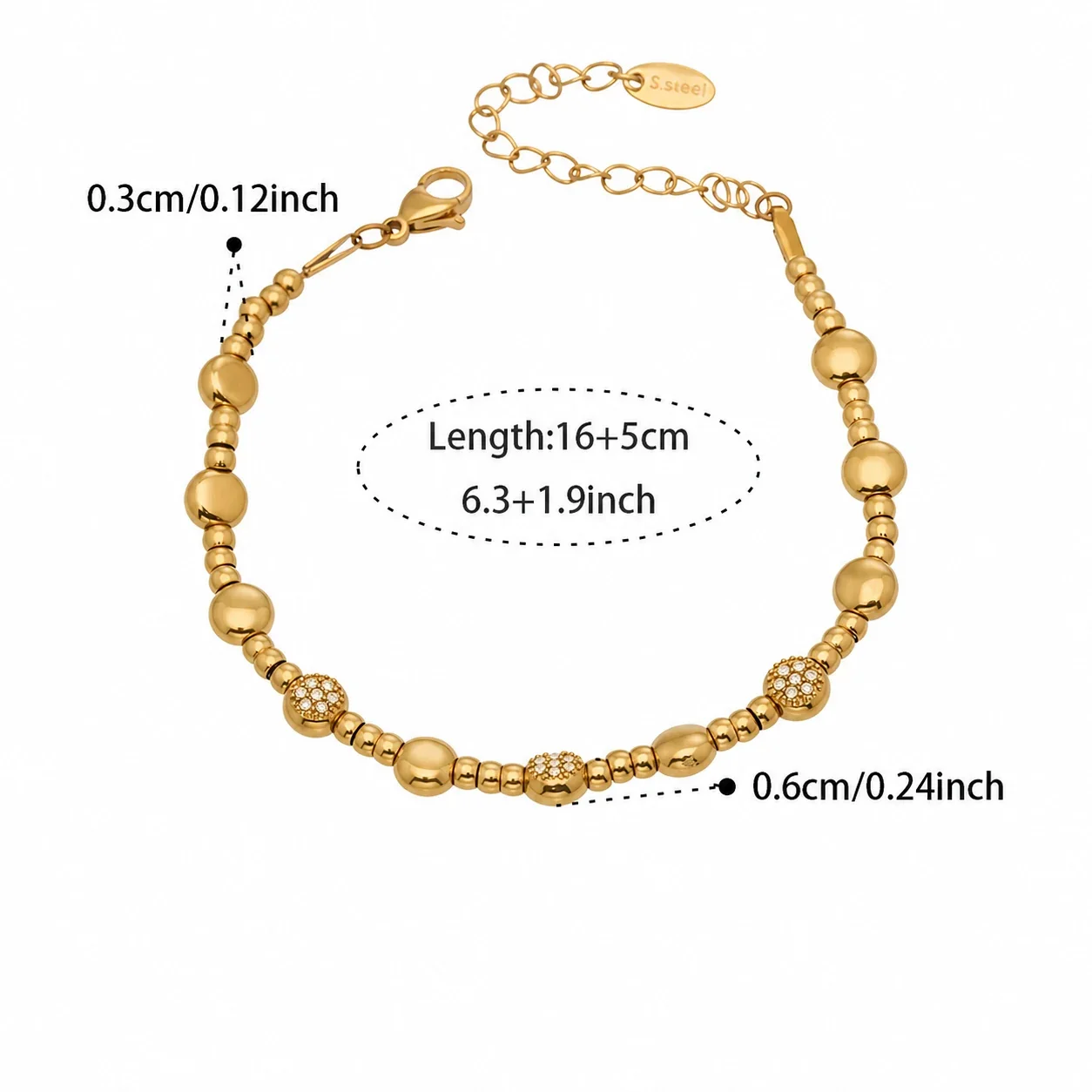 Gold-Plated Stainless Steel Clover CZ Bead Bracelet - Gold Round Bead + cm