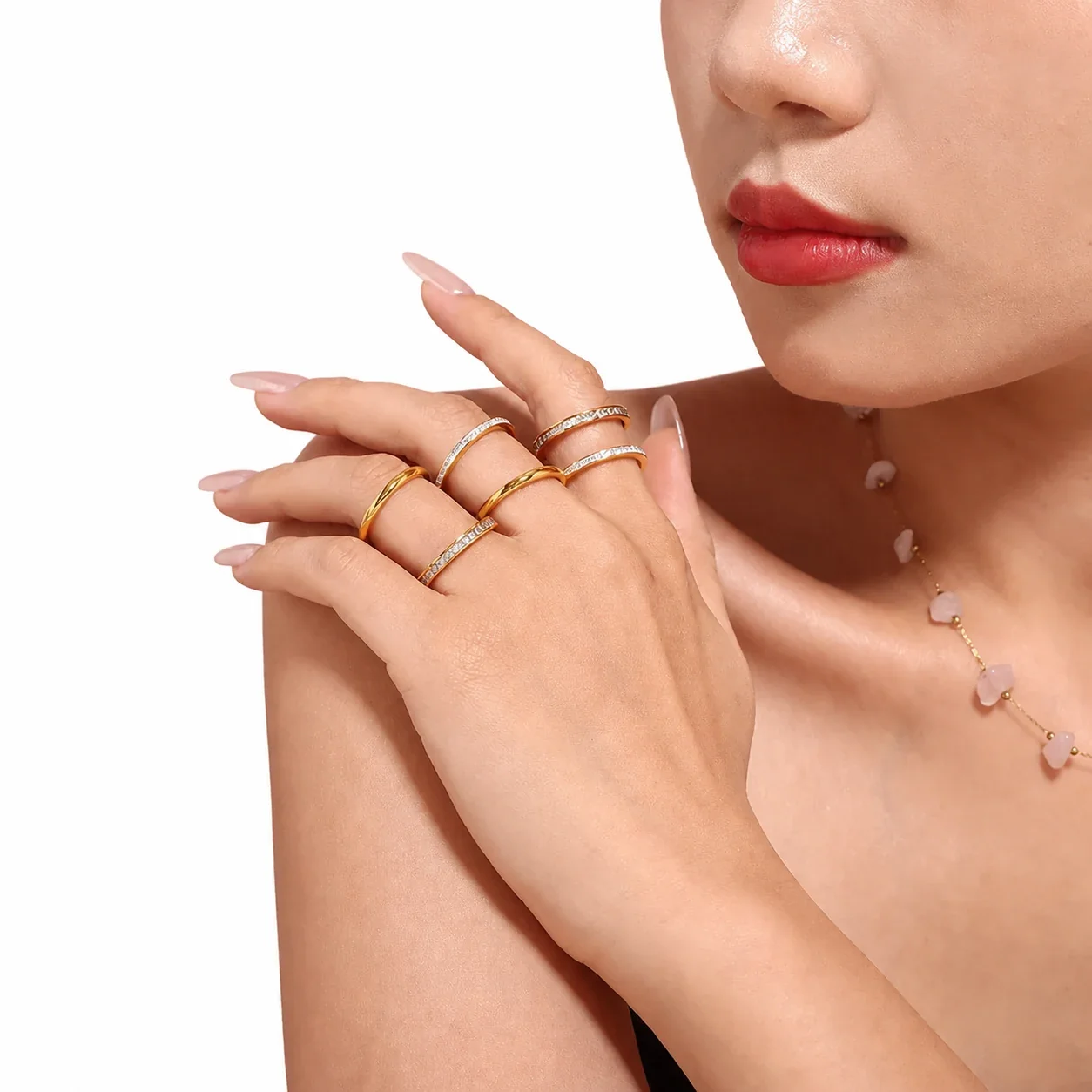 Polished Gold-Plated Slim Pavé Stacking Ring Set