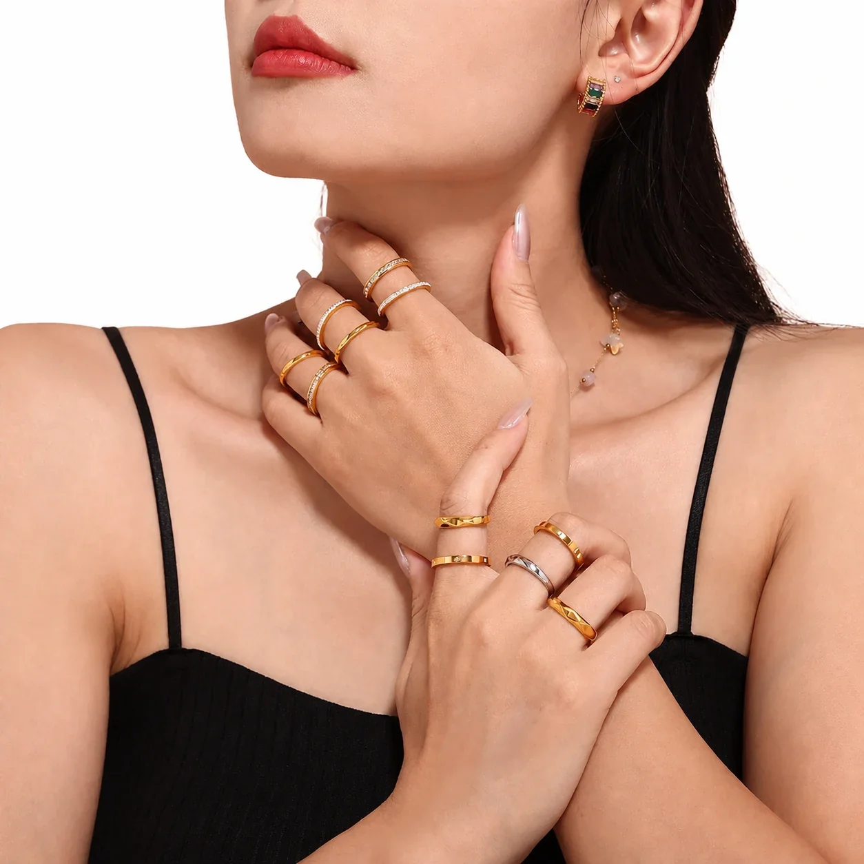 Polished Gold-Plated Slim Pavé Stacking Ring Set