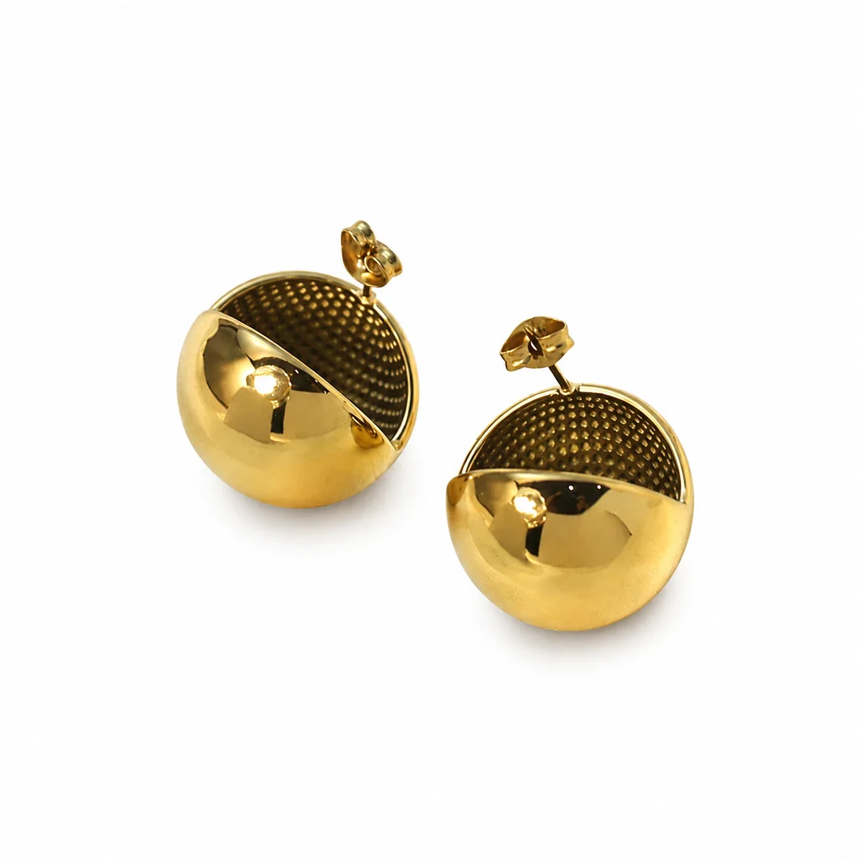 Dome Stud Earrings with Open-Back Disc Gold-Plated Steel