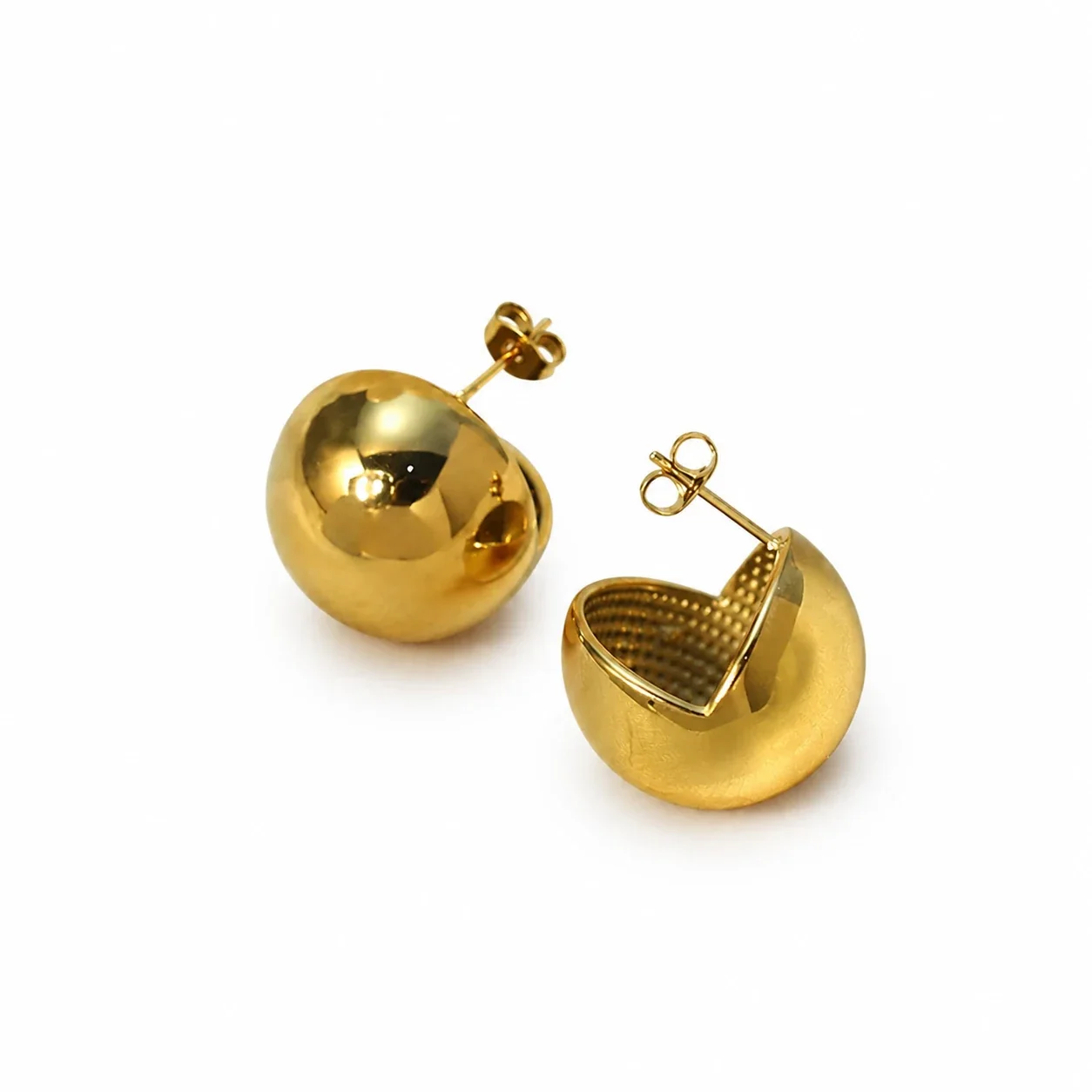 Dome Stud Earrings with Open-Back Disc Gold-Plated Steel