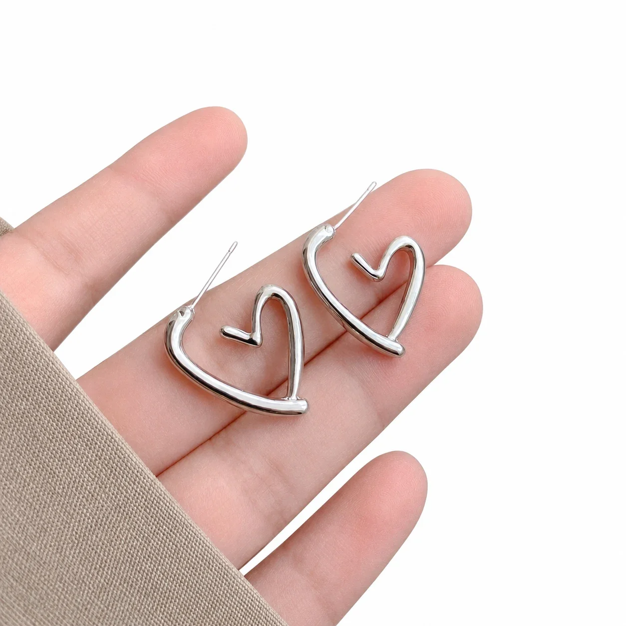 Sculptural Stainless Steel Open Heart Stud Earrings