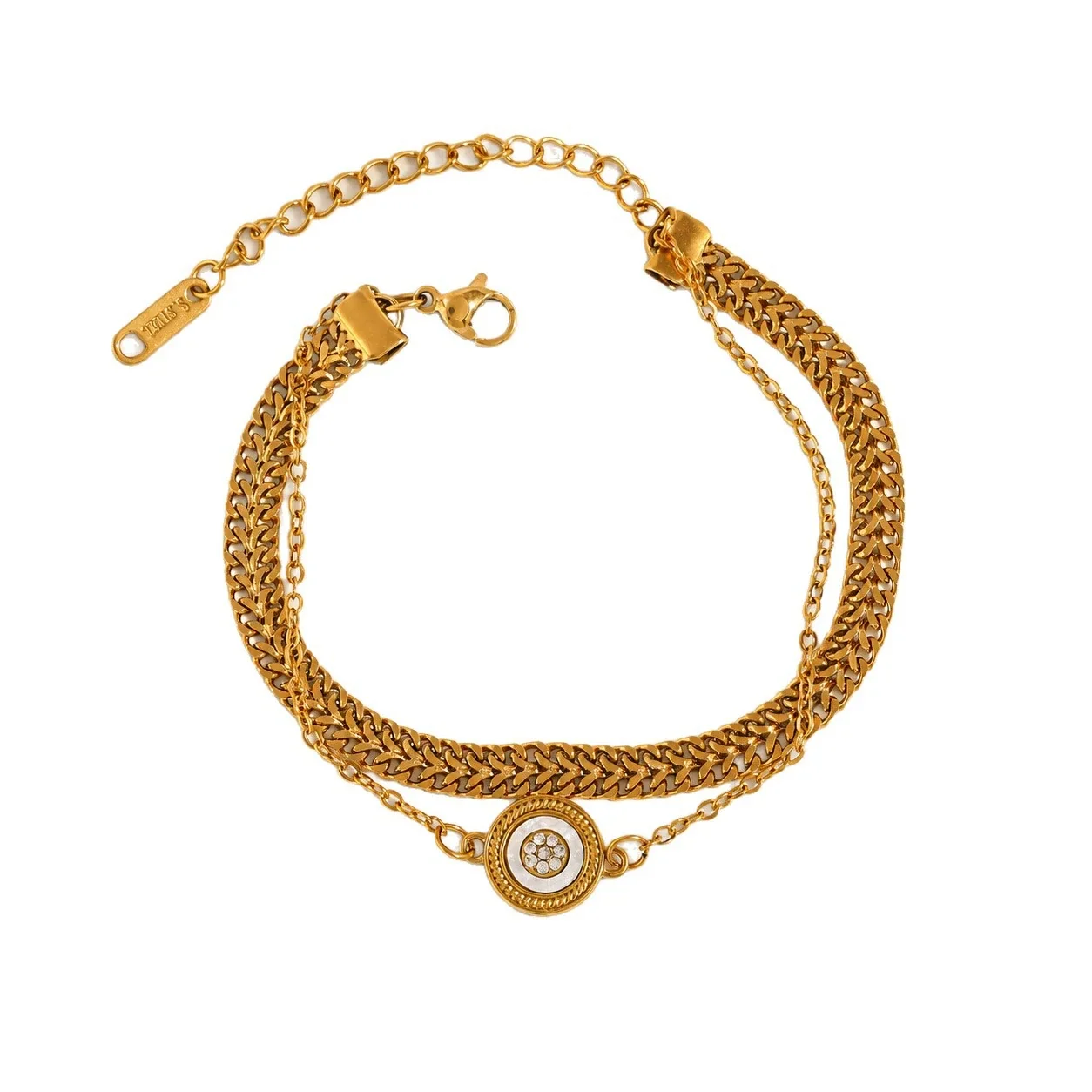 Bracelet, Double Curb Chain & Mother-of-Pearl Charm, Gold-Plated
