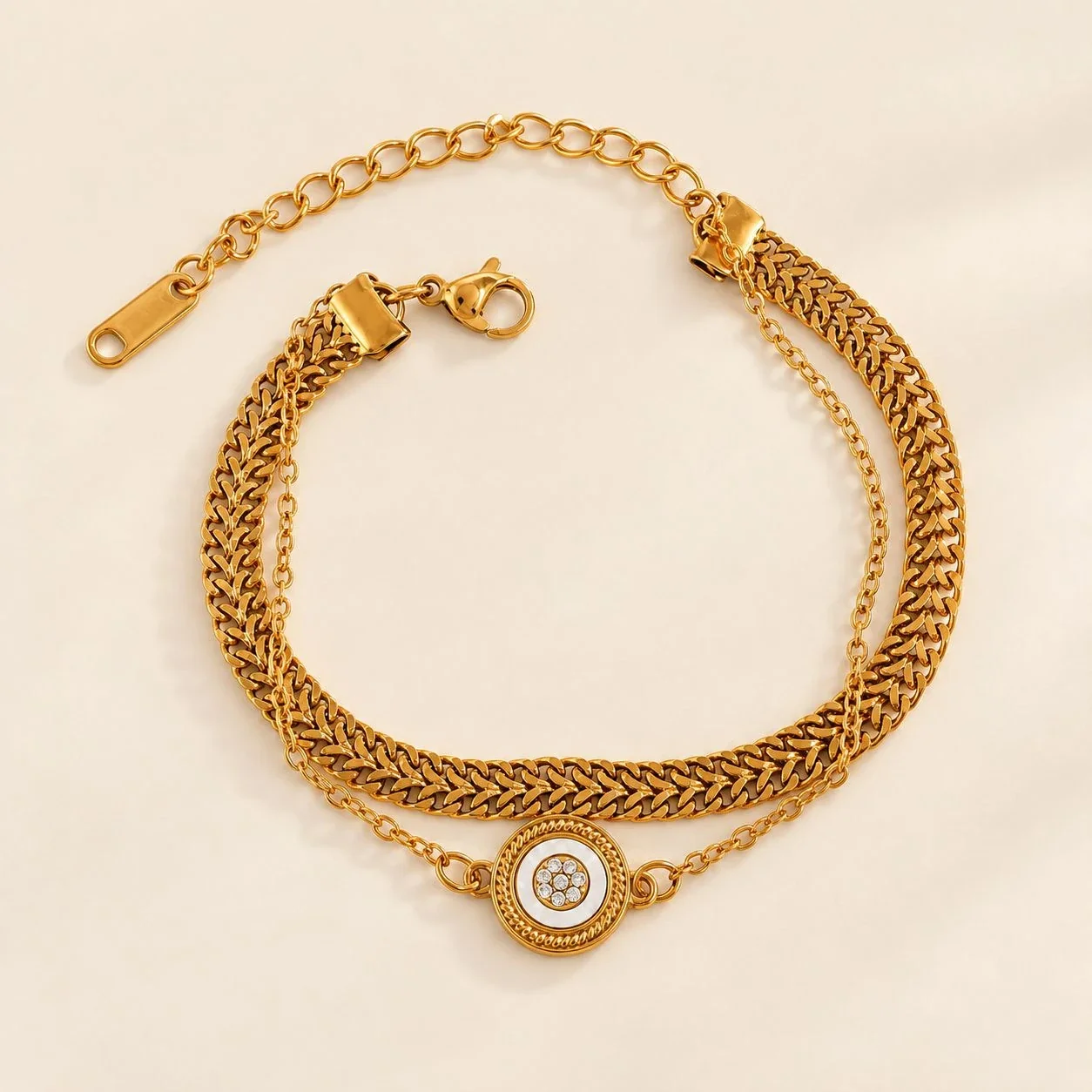 Bracelet, Double Curb Chain & Mother-of-Pearl Charm, Gold-Plated