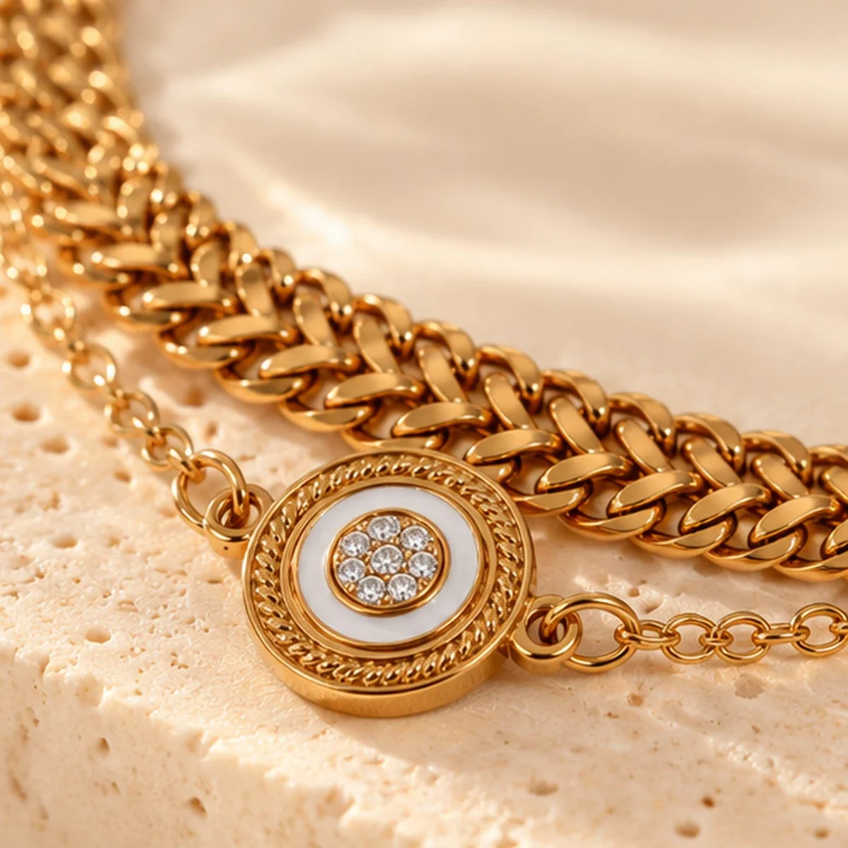 Bracelet, Double Curb Chain & Mother-of-Pearl Charm, Gold-Plated