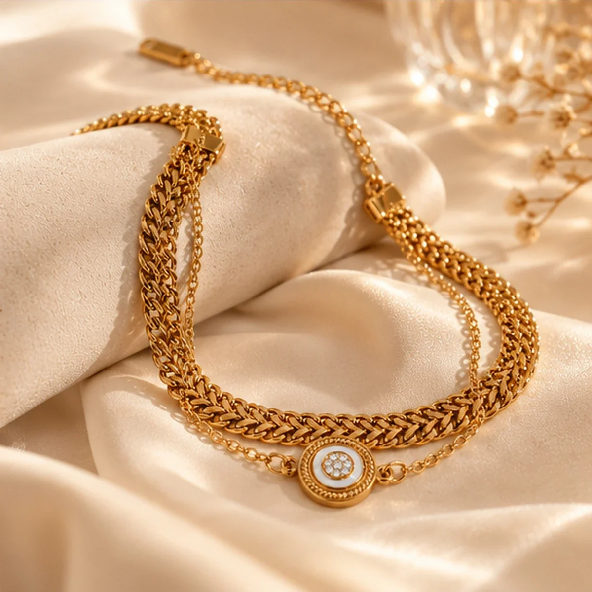 Bracelet, Double Curb Chain & Mother-of-Pearl Charm, Gold-Plated