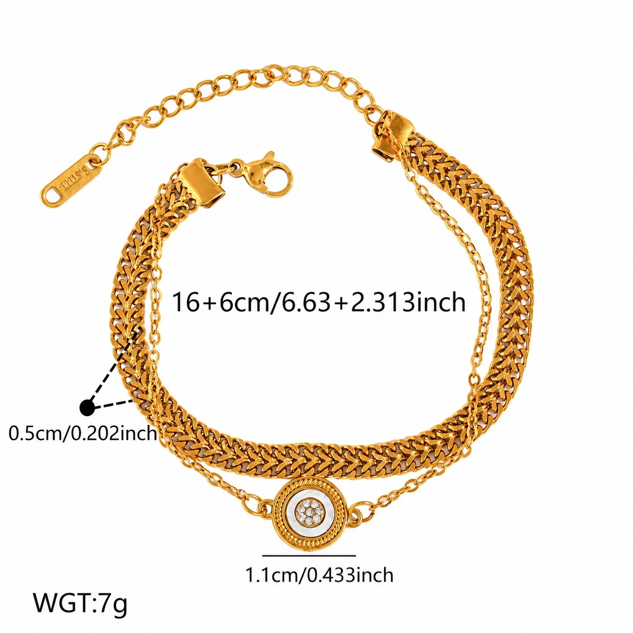 Bracelet, Double Curb Chain & Mother-of-Pearl Charm, Gold-Plated - Gold