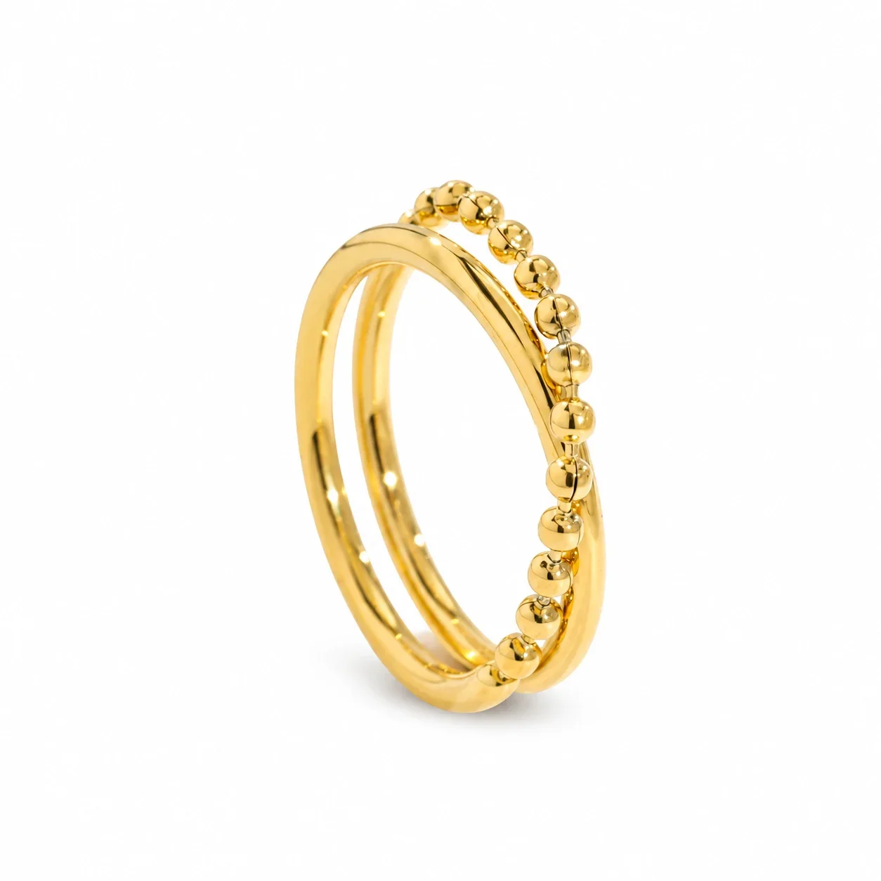 Stacking Ring with Beaded Double Bands, Gold-Plated Stainless Steel