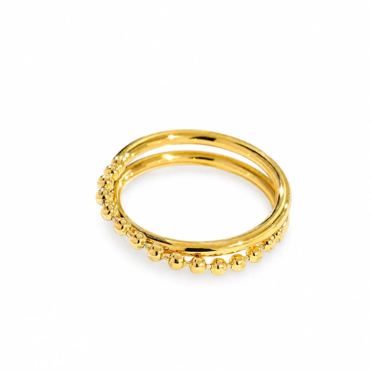Stacking Ring with Beaded Double Bands, Gold-Plated Stainless Steel