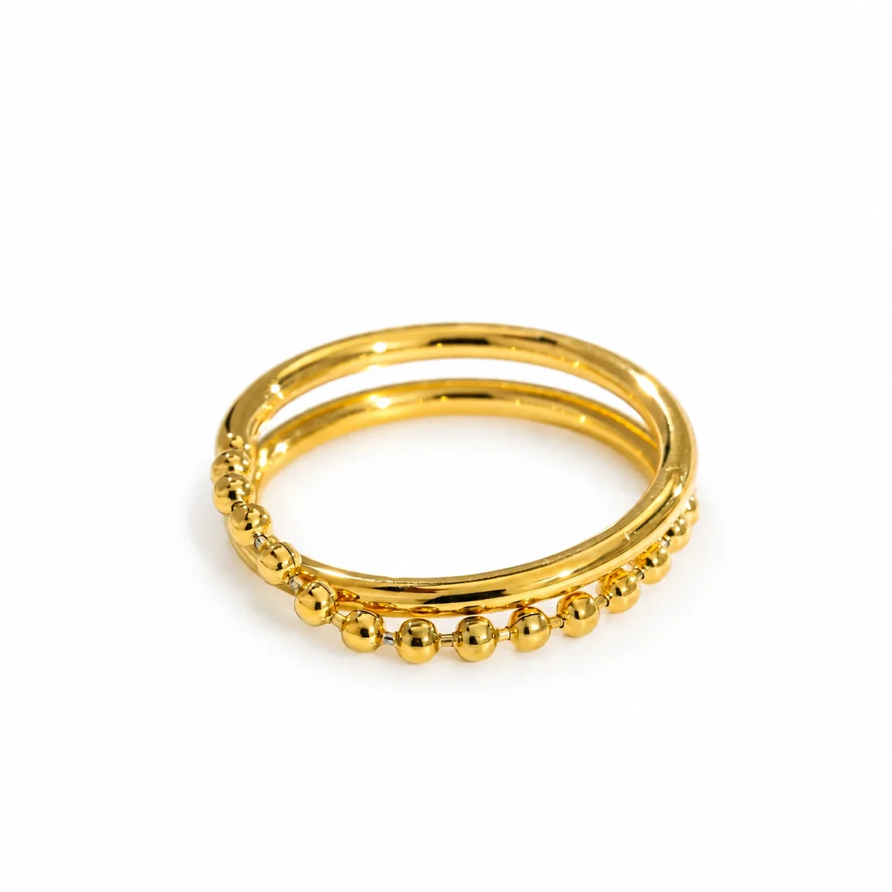 Stacking Ring with Beaded Double Bands, Gold-Plated Stainless Steel