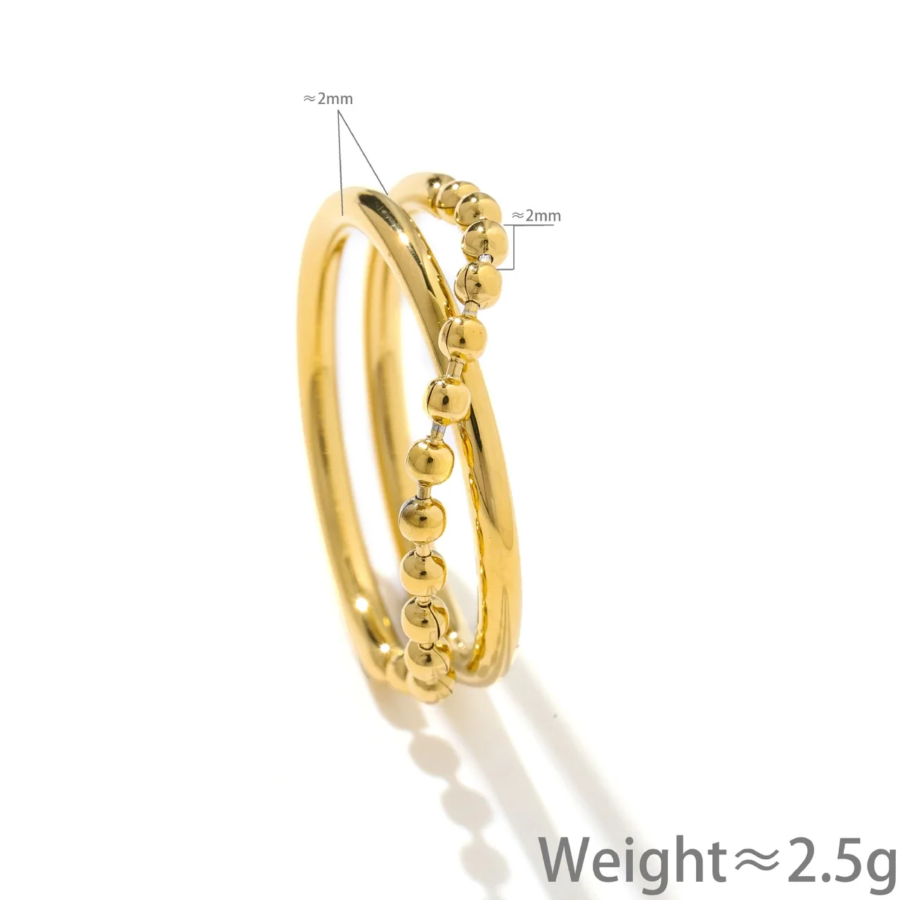 Stacking Ring with Beaded Double Bands, Gold-Plated Stainless Steel