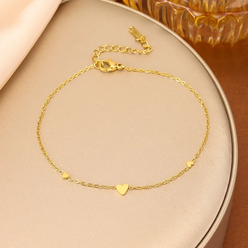 Anklet with Three Heart Charms in 18K Gold-Plated Steel