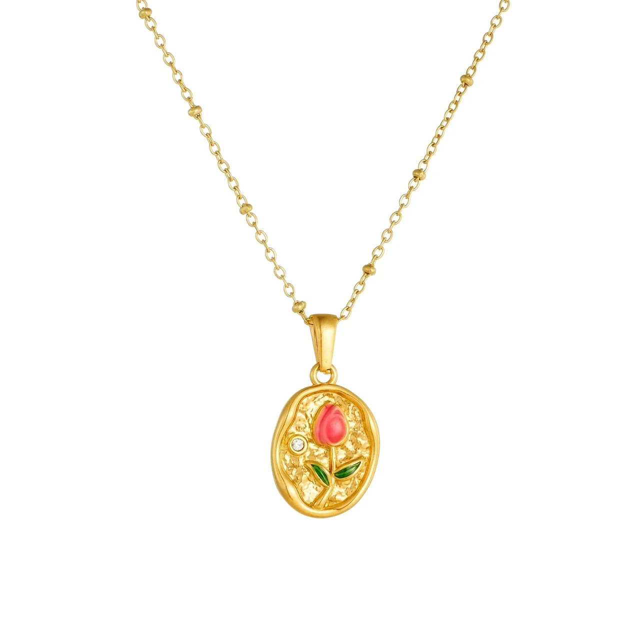 Rose Pendant Necklace with Enamel Bud & Bead Chain, Gold-Plated