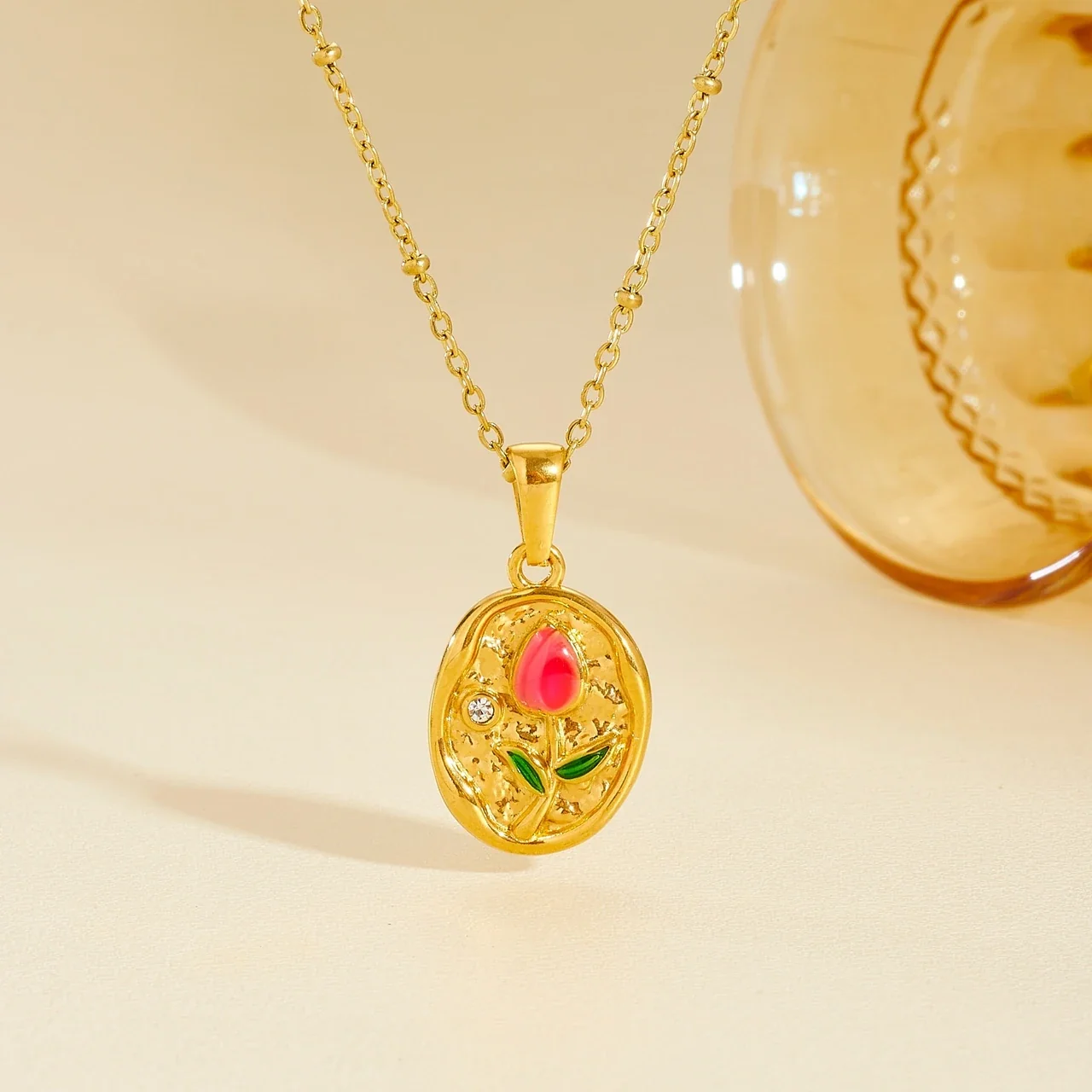 Rose Pendant Necklace with Enamel Bud & Bead Chain, Gold-Plated