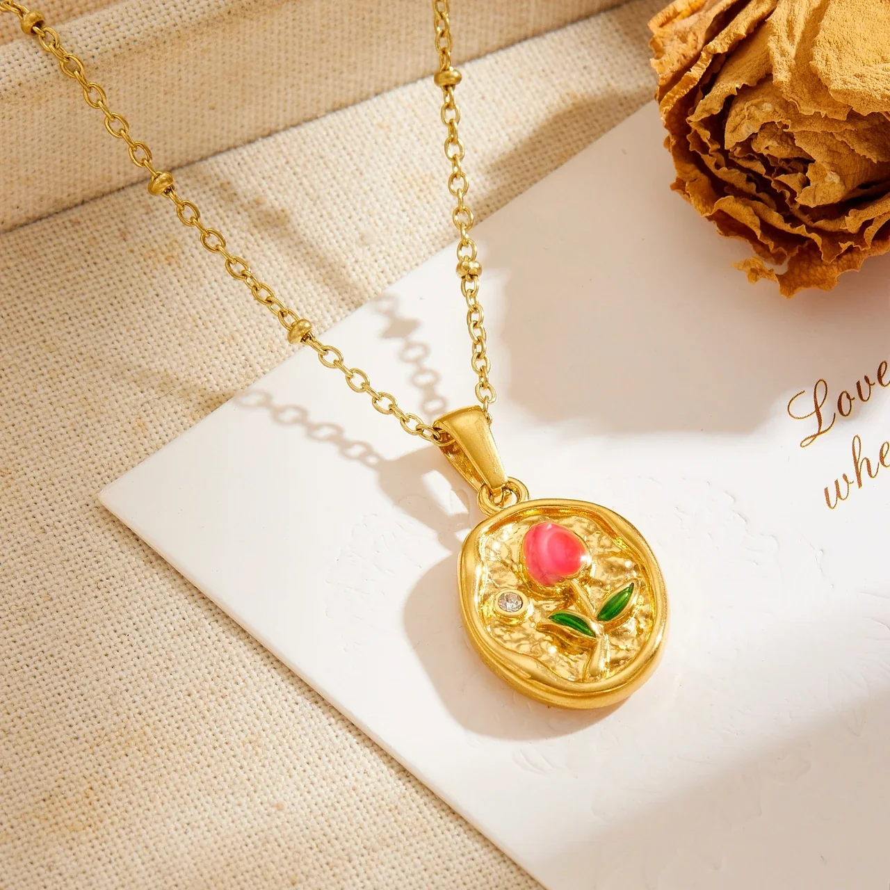Rose Pendant Necklace with Enamel Bud & Bead Chain, Gold-Plated