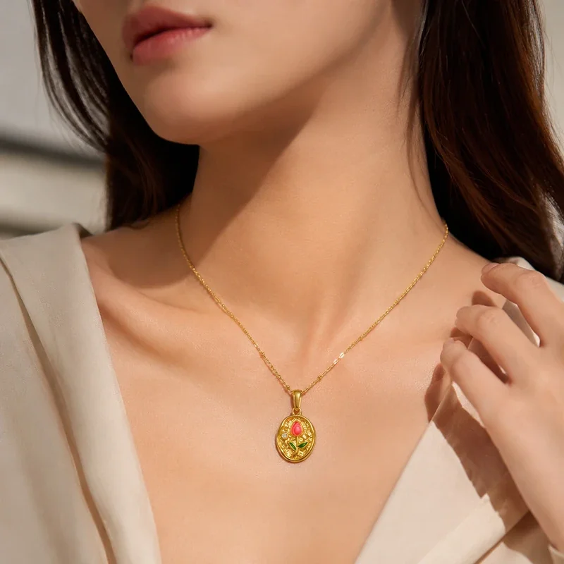 Rose Pendant Necklace with Enamel Bud & Bead Chain, Gold-Plated