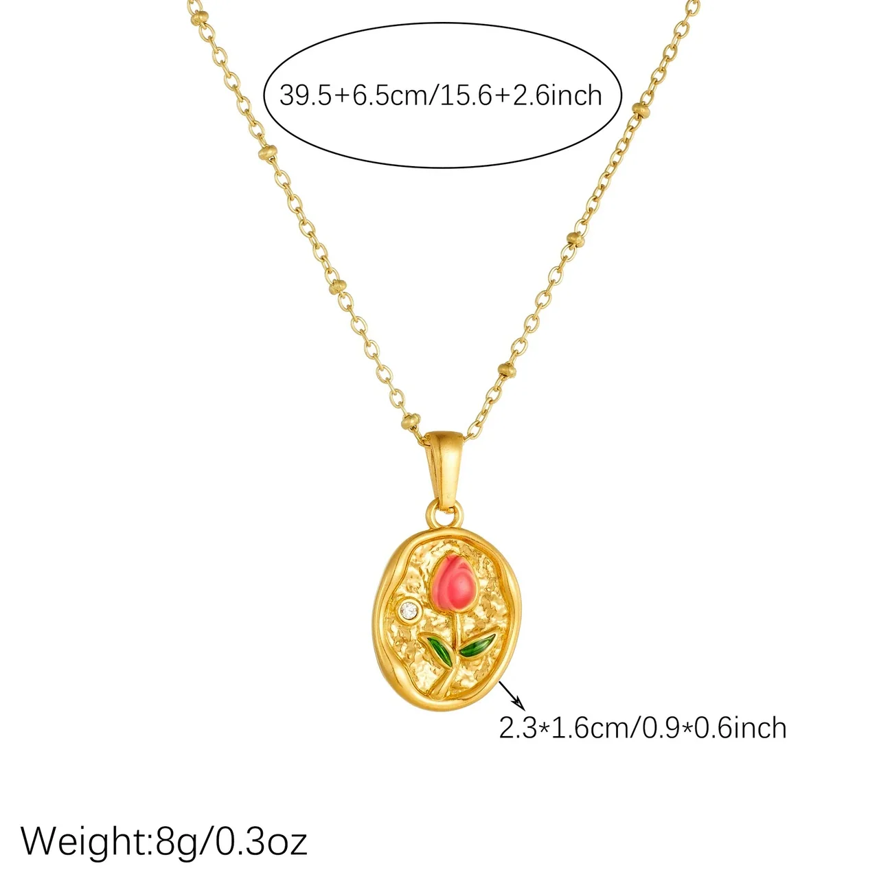 Rose Pendant Necklace with Enamel Bud & Bead Chain, Gold-Plated