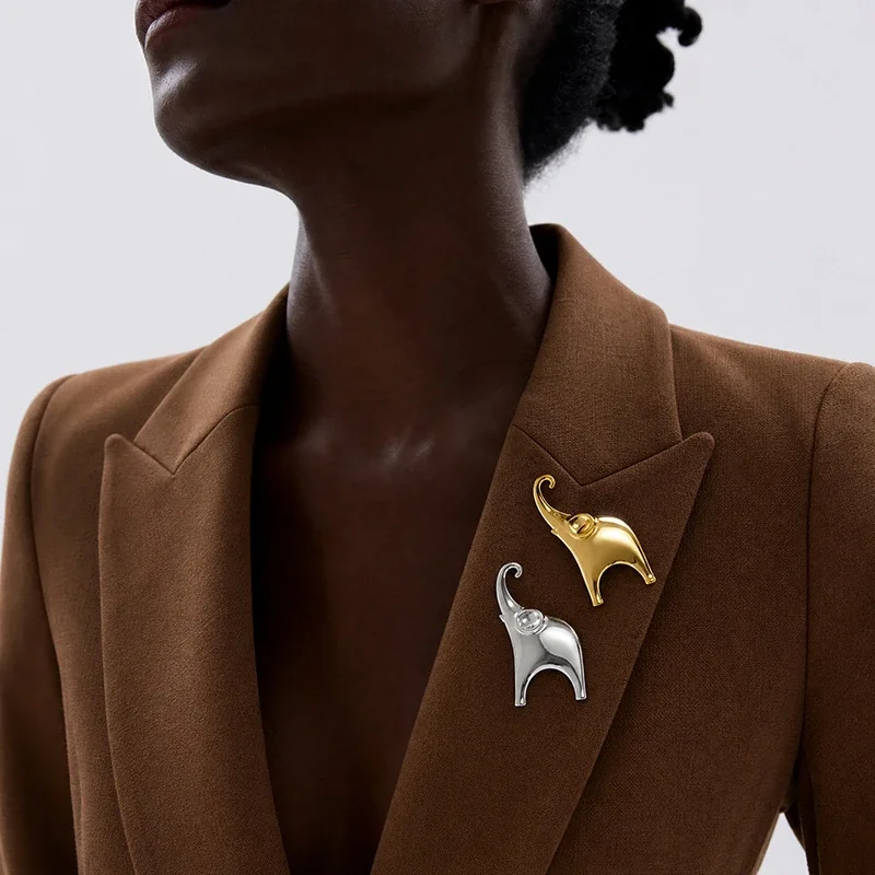 Elephant Brooch with Curled Trunk and Raised Ear, Gold-Plated