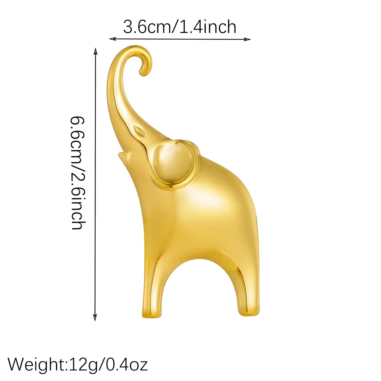 Elephant Brooch with Curled Trunk and Raised Ear, Gold-Plated