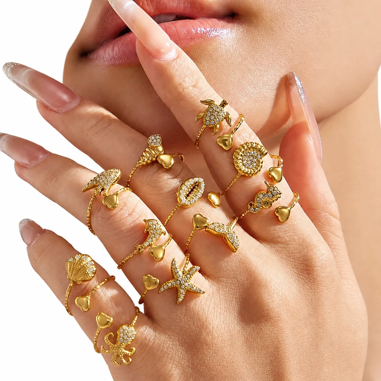Oceanic 18K Gold-Plated 316L CZ Heart-End Open Ring