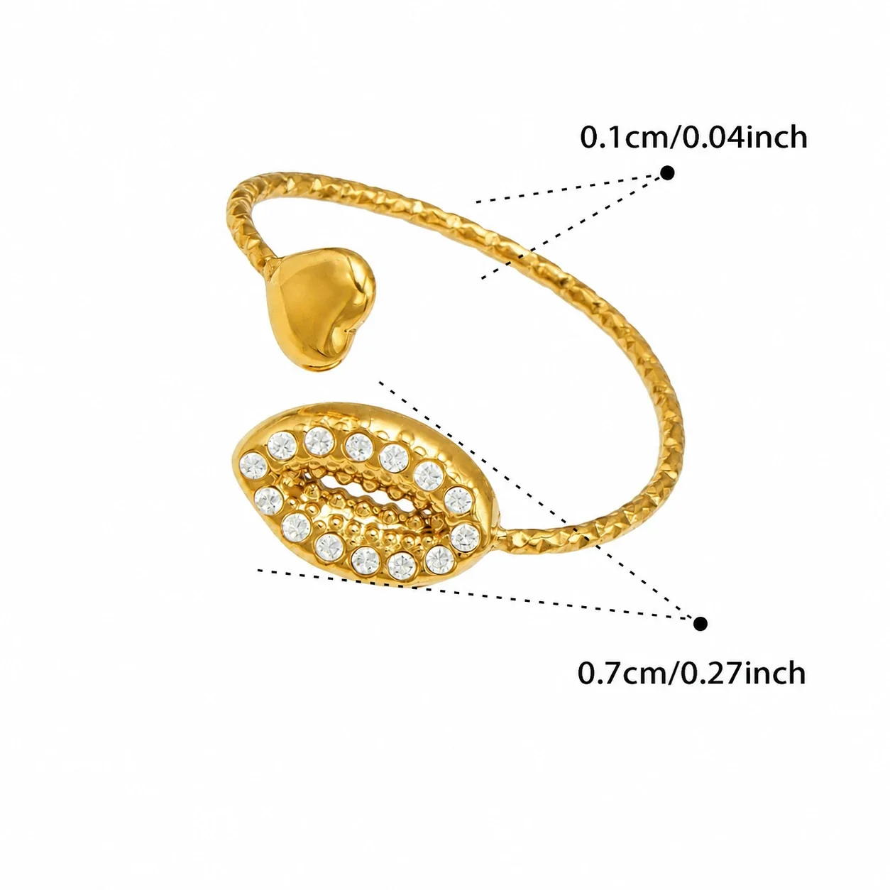 Oceanic 18K Gold-Plated 316L CZ Heart-End Open Ring - Gold Clear CZ Shell