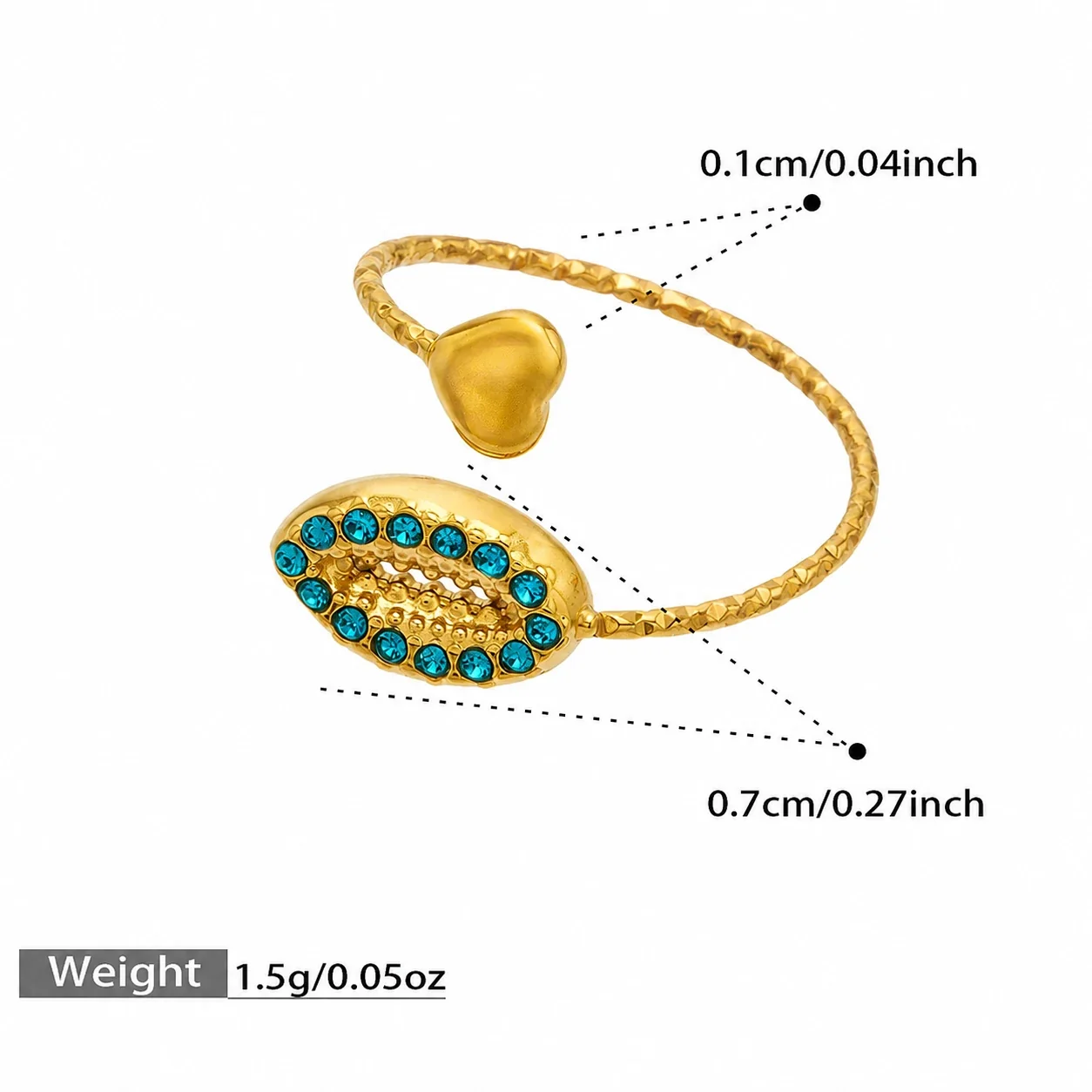 Oceanic 18K Gold-Plated 316L CZ Heart-End Open Ring - Gold Blue CZ Shell