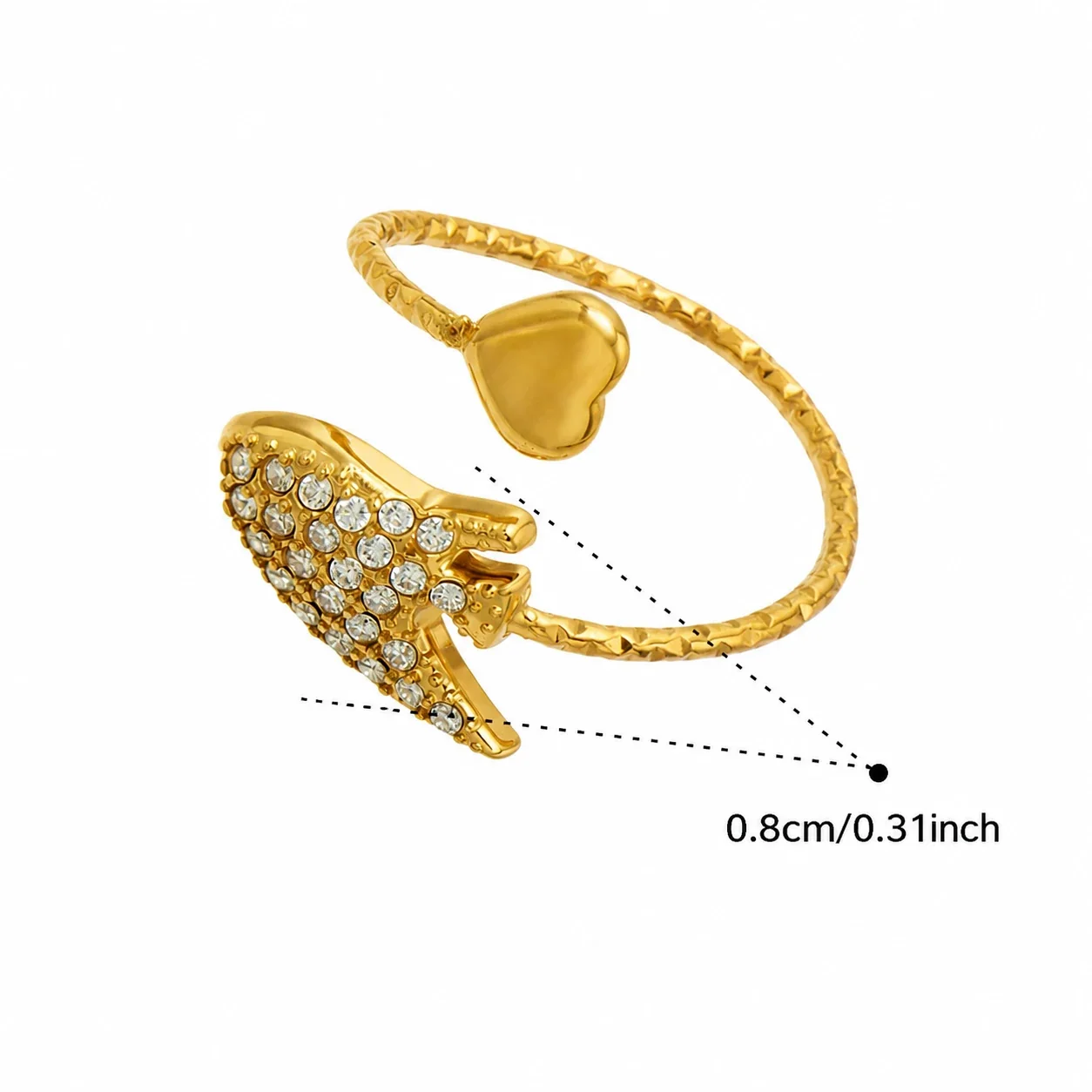 Oceanic 18K Gold-Plated 316L CZ Heart-End Open Ring - Gold Clear CZ Manta Ray