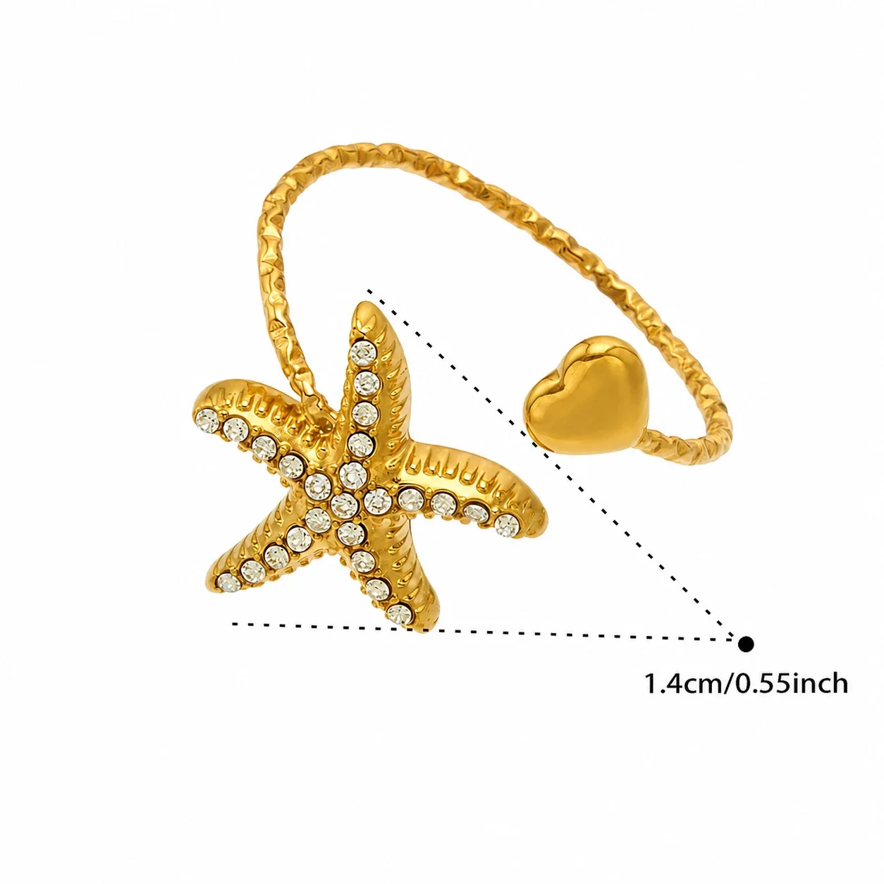Oceanic 18K Gold-Plated 316L CZ Heart-End Open Ring - Gold Clear CZ Starfish