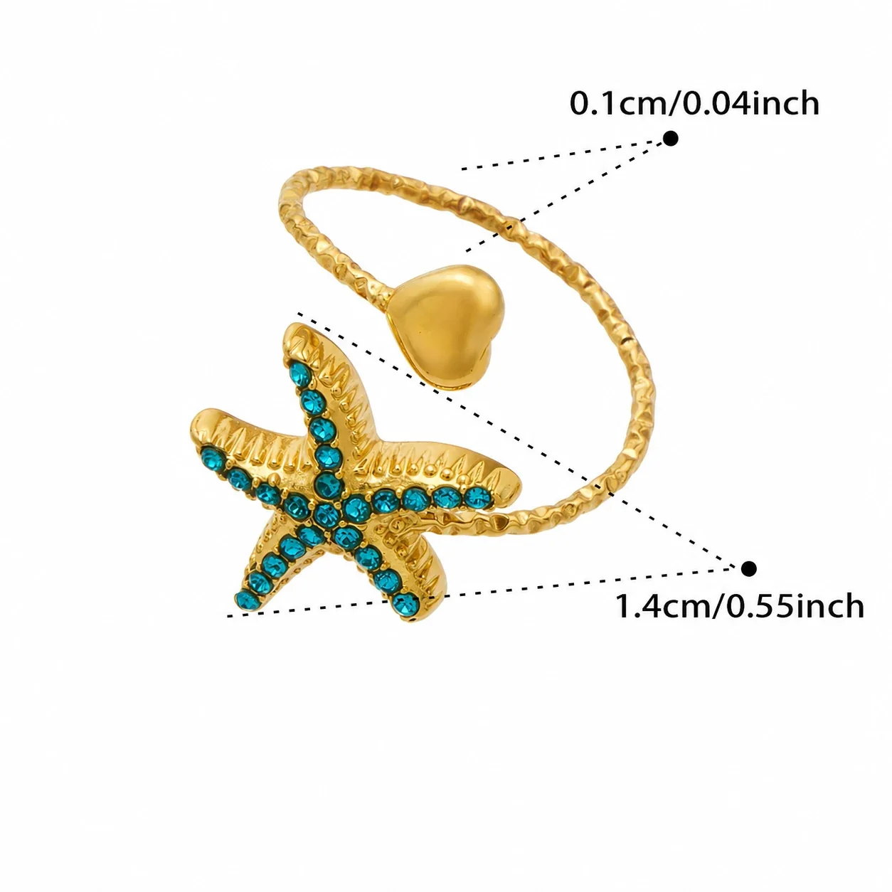 Oceanic 18K Gold-Plated 316L CZ Heart-End Open Ring - Gold Blue CZ Starfish