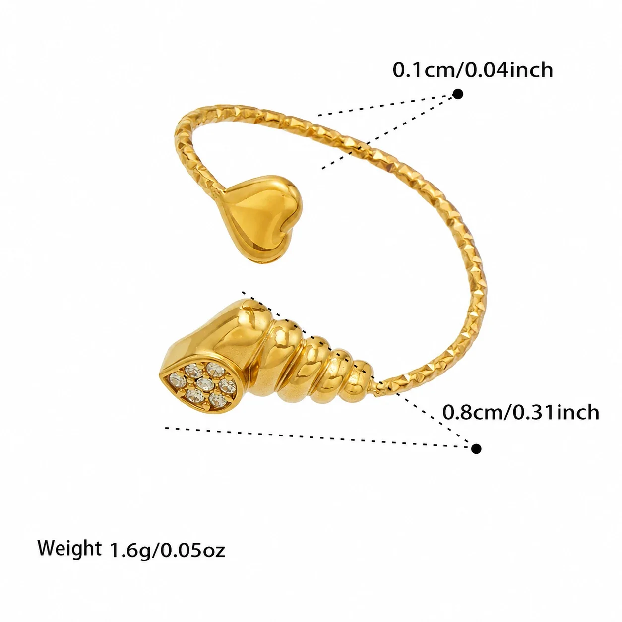 Oceanic 18K Gold-Plated 316L CZ Heart-End Open Ring - Gold Clear CZ Spiral Shell