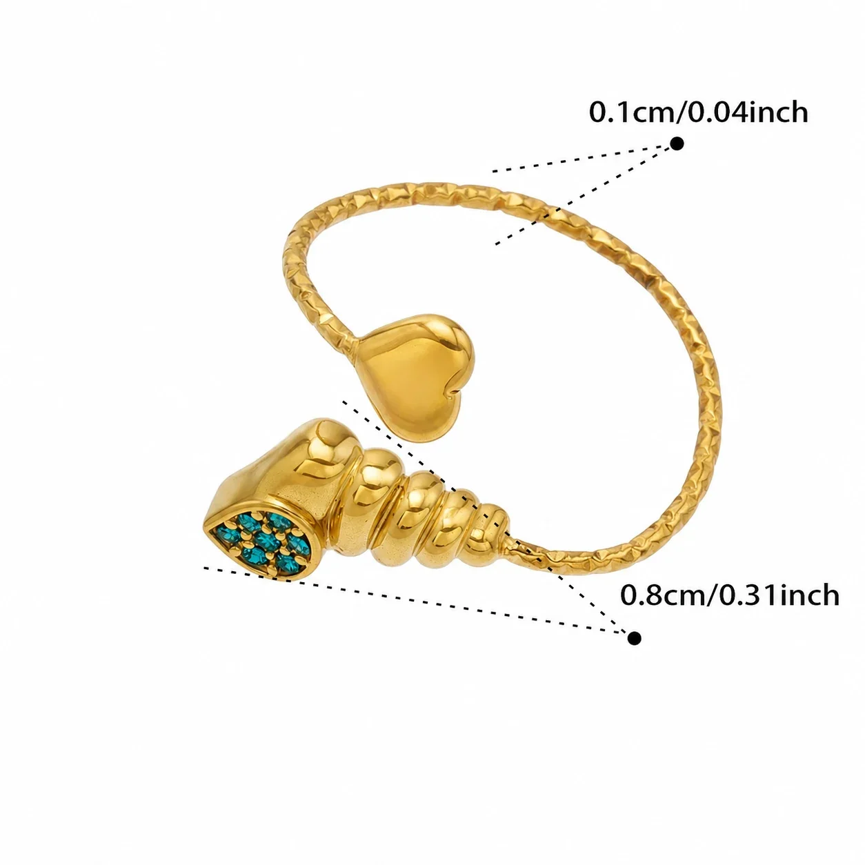 Oceanic 18K Gold-Plated 316L CZ Heart-End Open Ring - Gold Blue CZ Spiral Shell