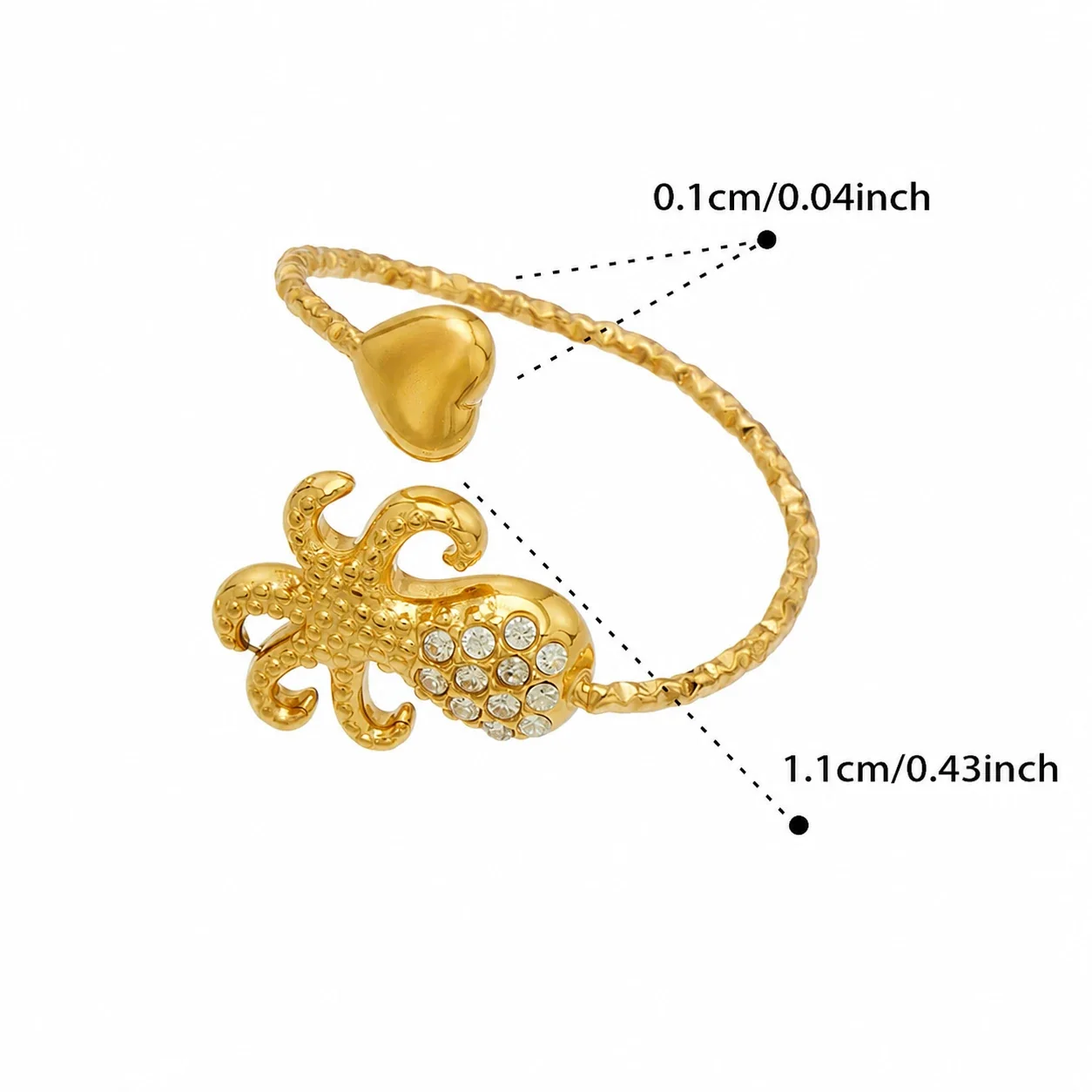 Oceanic 18K Gold-Plated 316L CZ Heart-End Open Ring - Gold Clear CZ Octopus