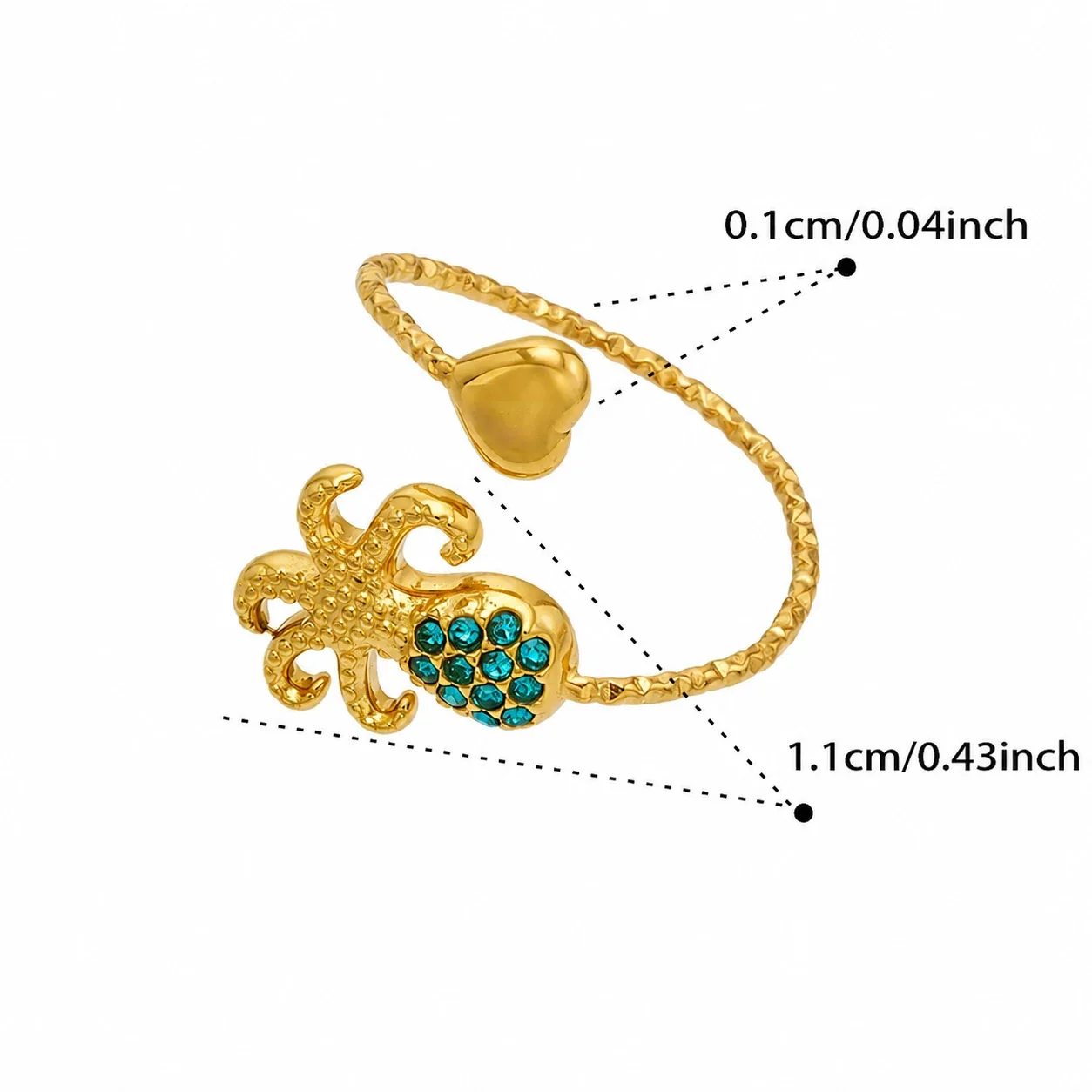 Oceanic 18K Gold-Plated 316L CZ Heart-End Open Ring - Gold Blue CZ Octopus