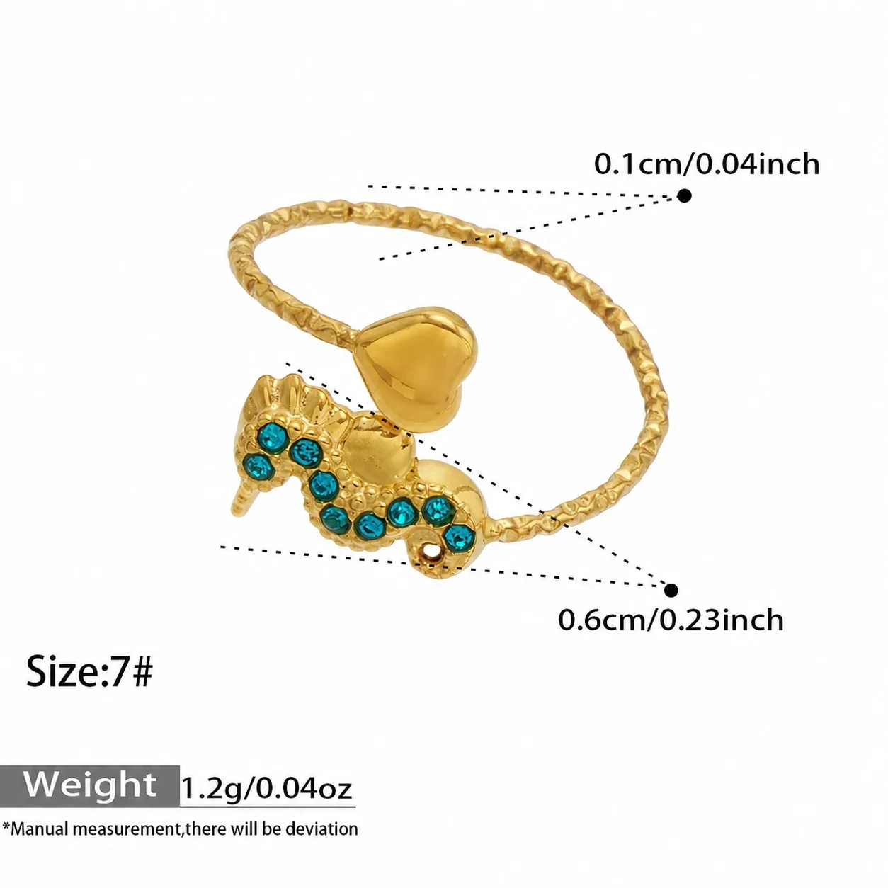 Oceanic 18K Gold-Plated 316L CZ Heart-End Open Ring - Gold Blue CZ Seahorse