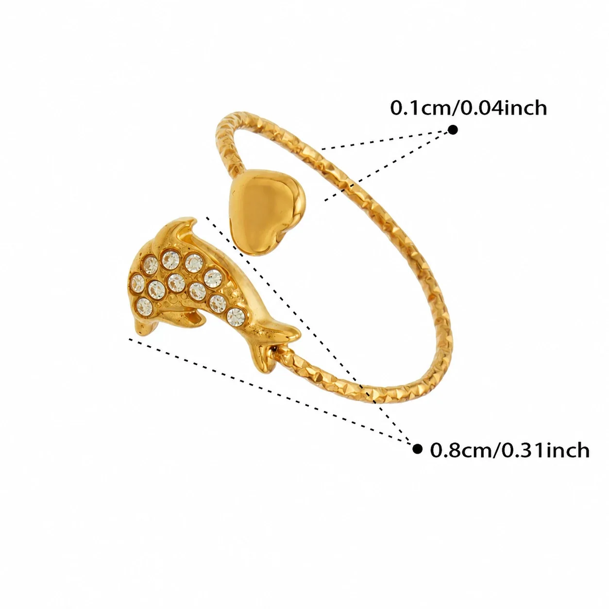 Oceanic 18K Gold-Plated 316L CZ Heart-End Open Ring - Gold Clear CZ Dolphin