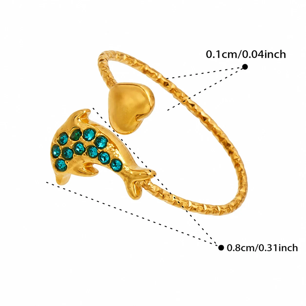 Oceanic 18K Gold-Plated 316L CZ Heart-End Open Ring - Gold Blue CZ Dolphin