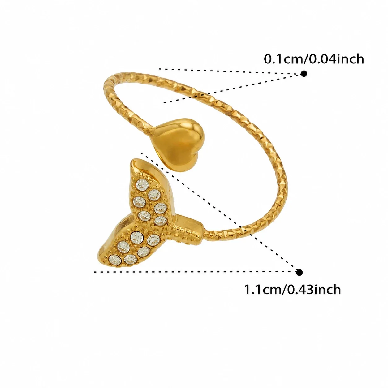 Oceanic 18K Gold-Plated 316L CZ Heart-End Open Ring - Gold Clear CZ Fish Tail