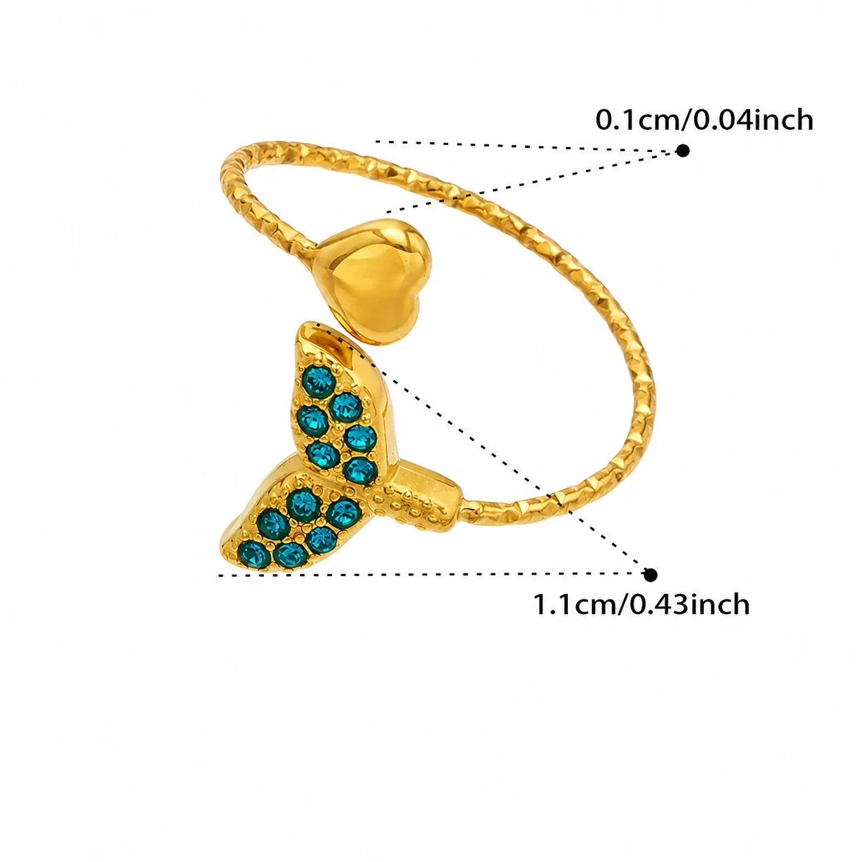 Oceanic 18K Gold-Plated 316L CZ Heart-End Open Ring - Gold Blue CZ Fish Tail