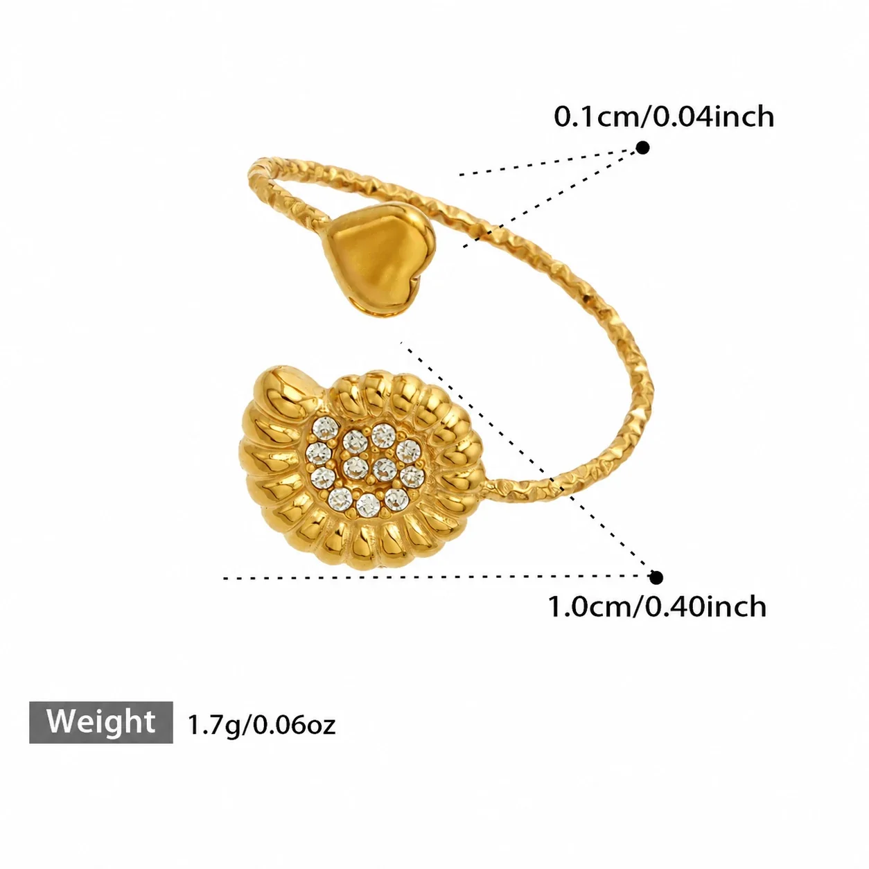 Oceanic 18K Gold-Plated 316L CZ Heart-End Open Ring - Gold Clear CZ Conch Shell
