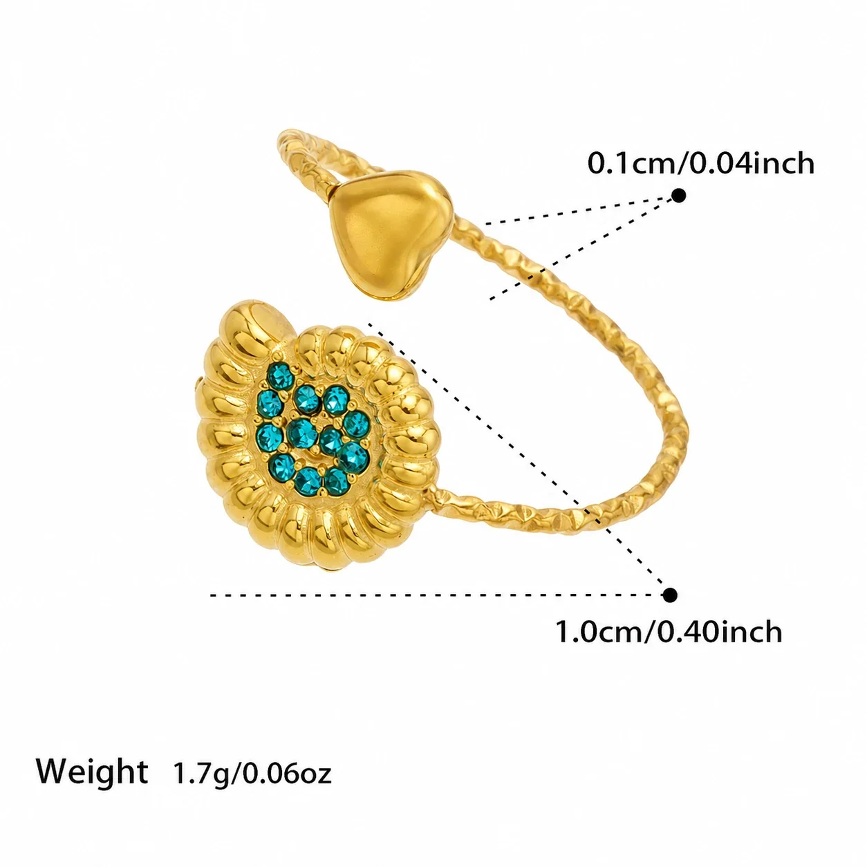 Oceanic 18K Gold-Plated 316L CZ Heart-End Open Ring - Gold Blue CZ Conch Shell