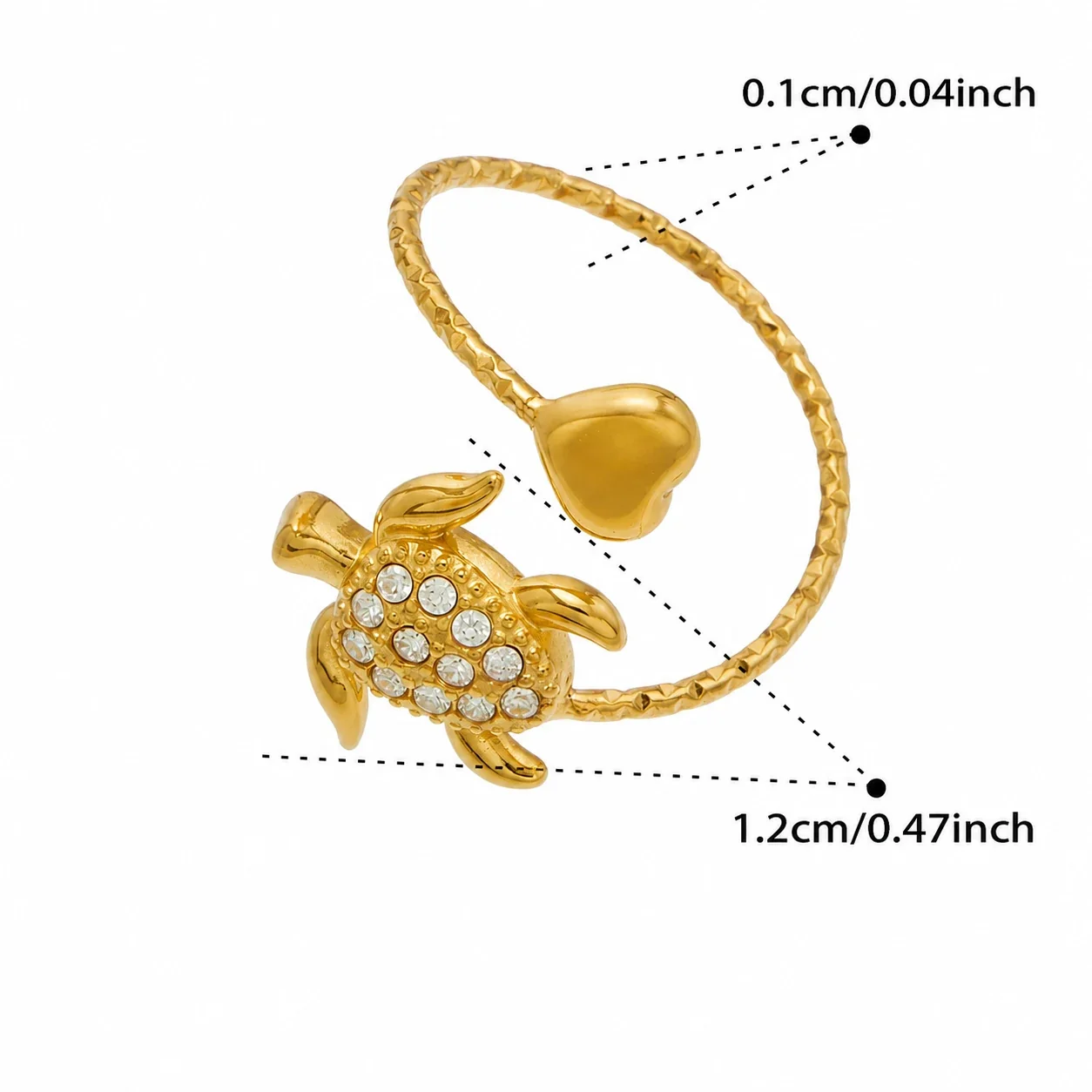 Oceanic 18K Gold-Plated 316L CZ Heart-End Open Ring - Gold Clear CZ Sea Turtle