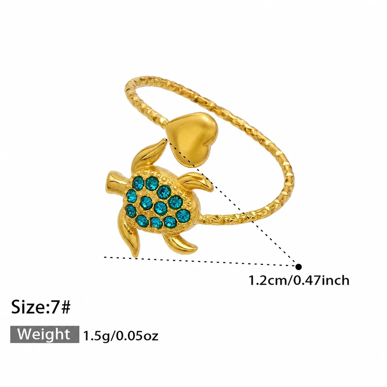 Oceanic 18K Gold-Plated 316L CZ Heart-End Open Ring - Gold Blue CZ Sea Turtle